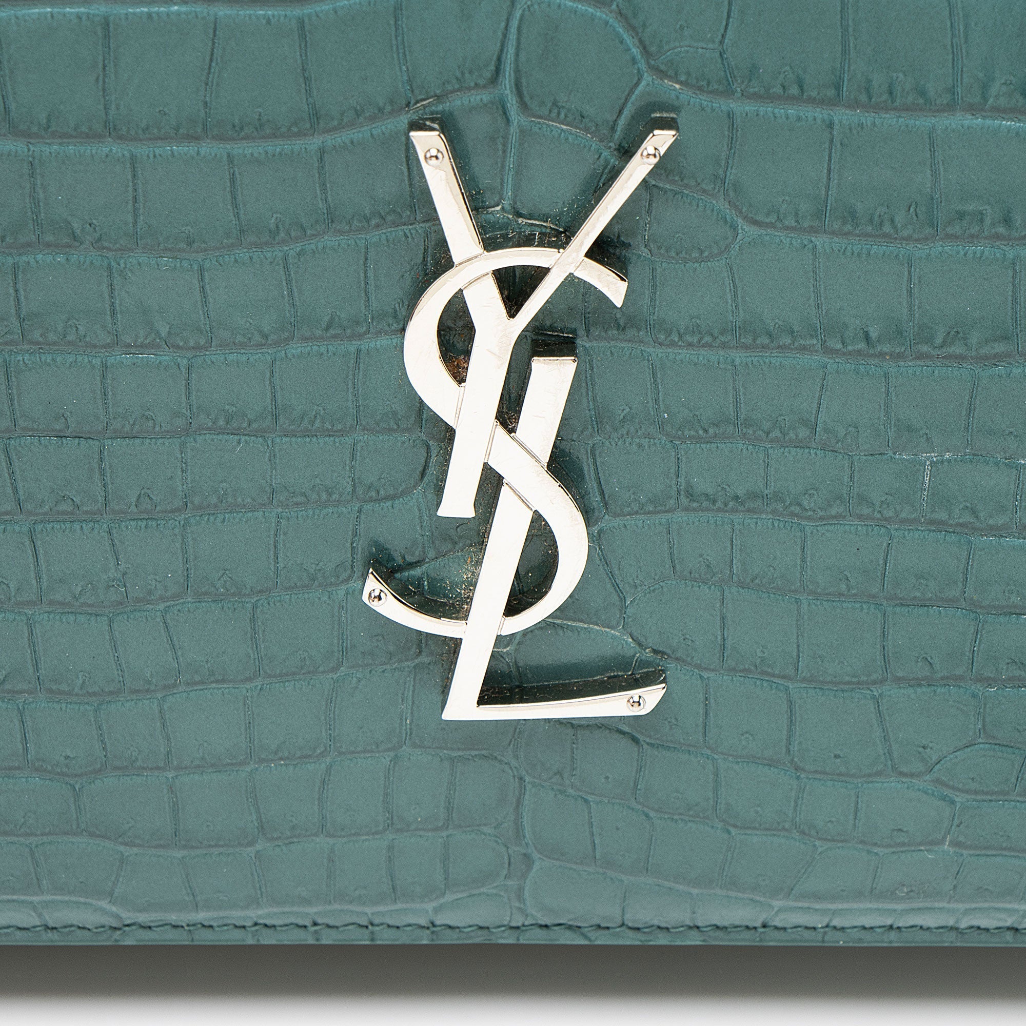 Saint Laurent Croc Embossed Leather Monogram Chain Wallet