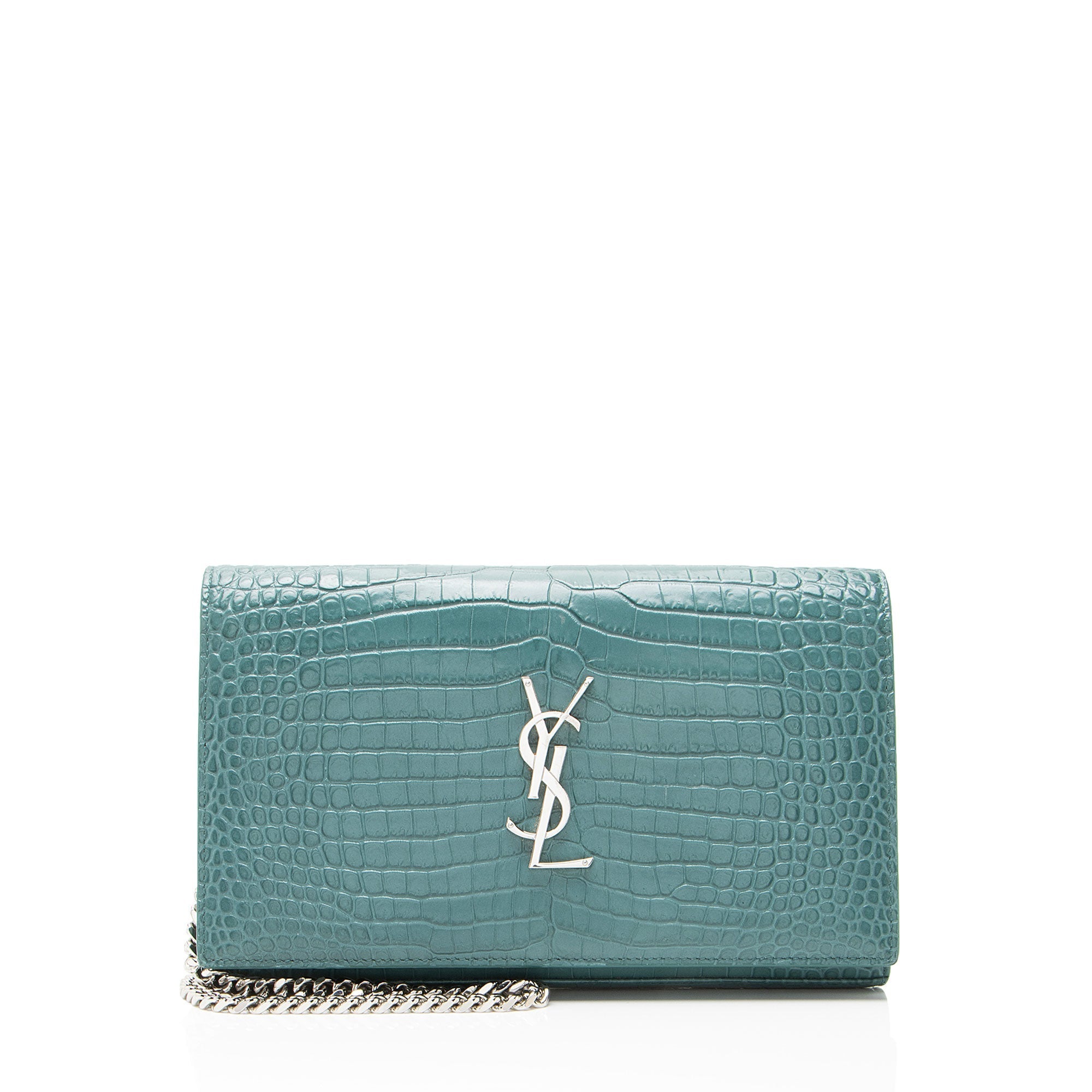 Saint Laurent Croc Embossed Leather Monogram Chain Wallet