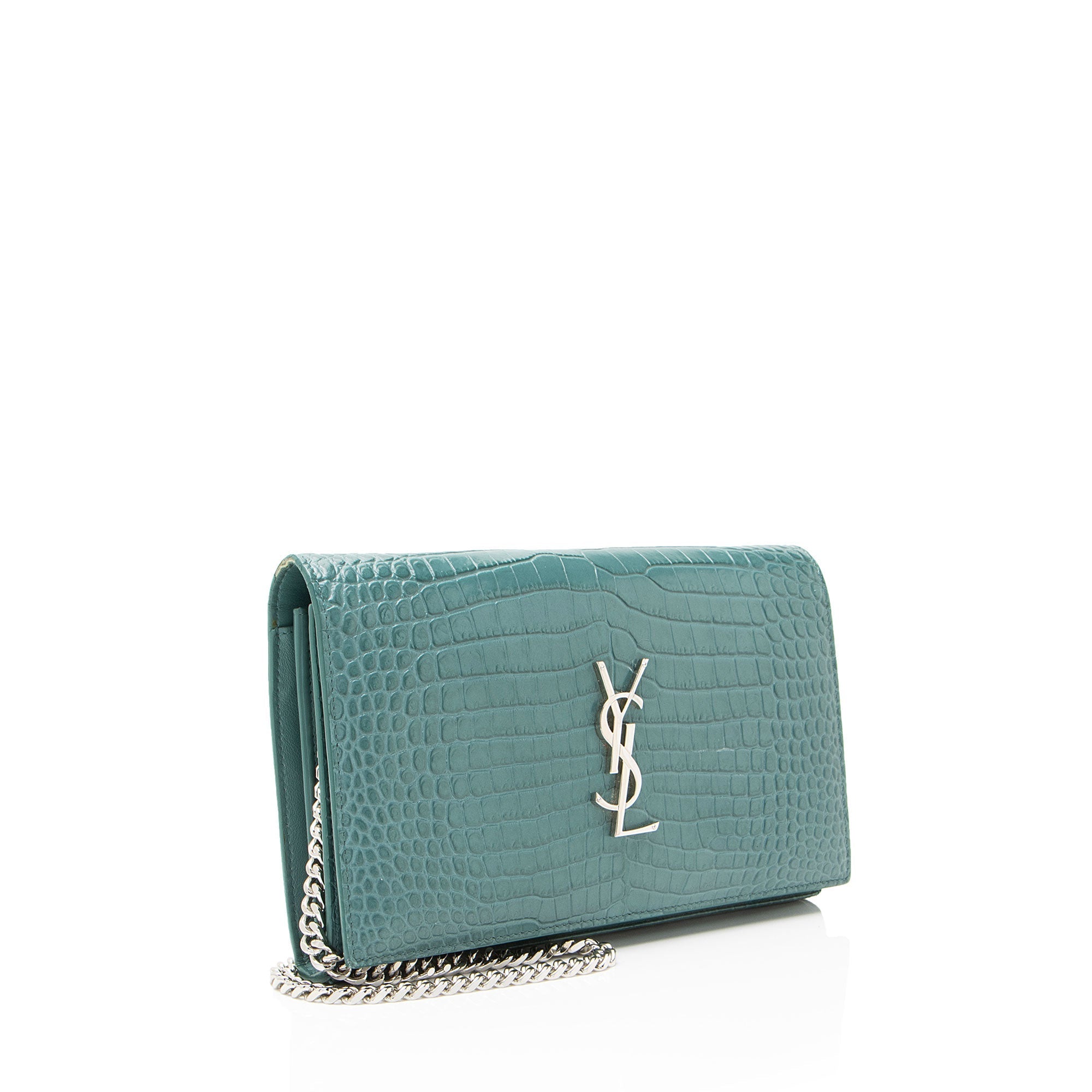 Saint Laurent Croc Embossed Leather Monogram Chain Wallet