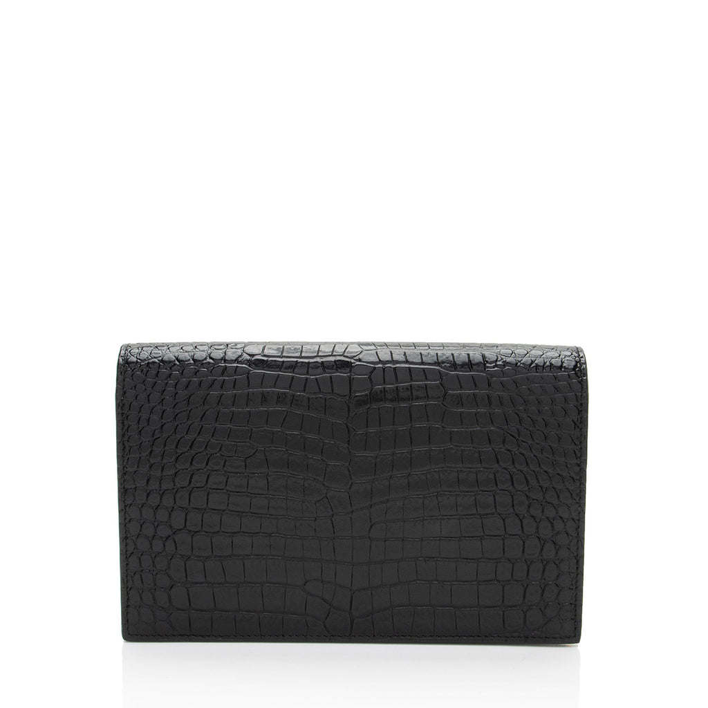 Saint Laurent Croc Embossed Leather Monogram Kate Tassel Chain Wallet