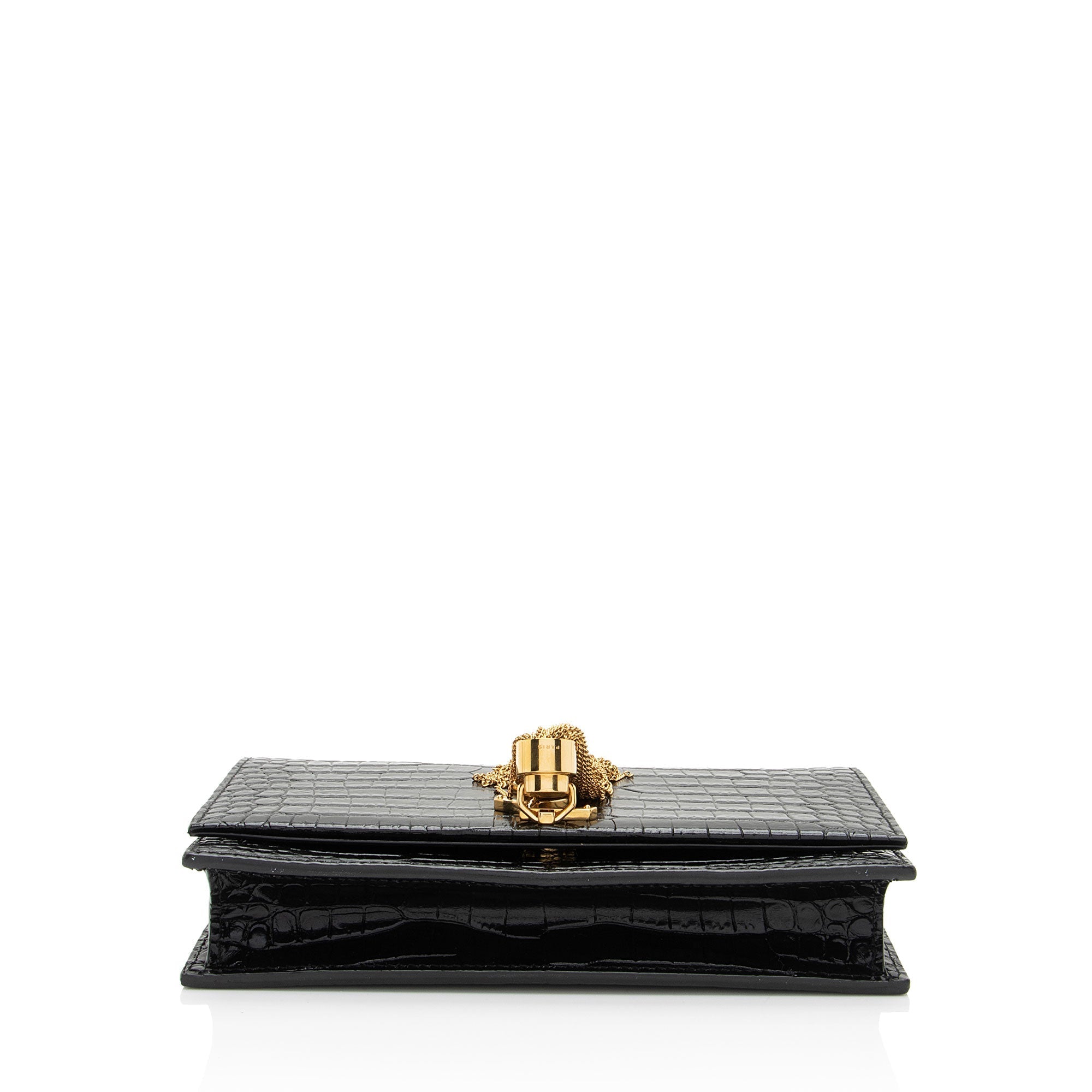 Saint Laurent Croc Embossed Leather Monogram Kate Tassel Chain Wallet