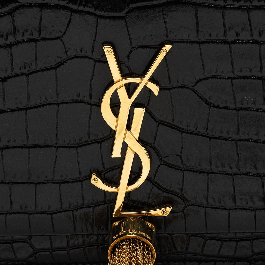 Saint Laurent Croc Embossed Leather Monogram Kate Tassel Chain Wallet