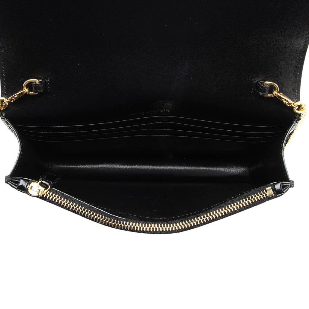 Saint Laurent Croc Embossed Leather Monogram Kate Tassel Chain Wallet