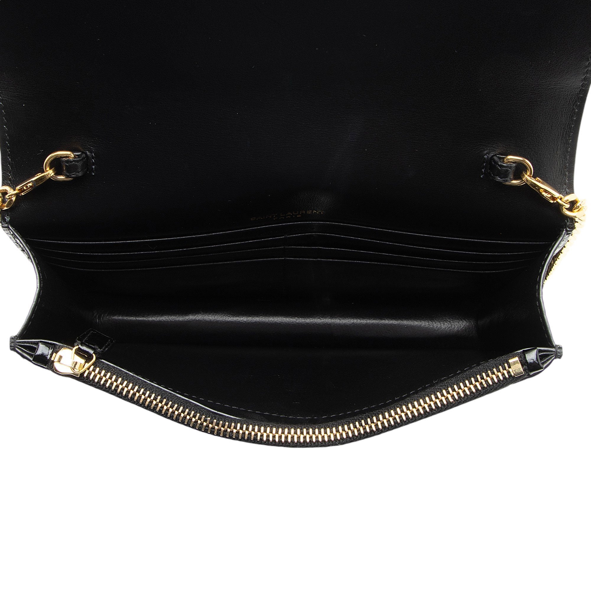 Saint Laurent Croc Embossed Leather Monogram Kate Tassel Chain Wallet