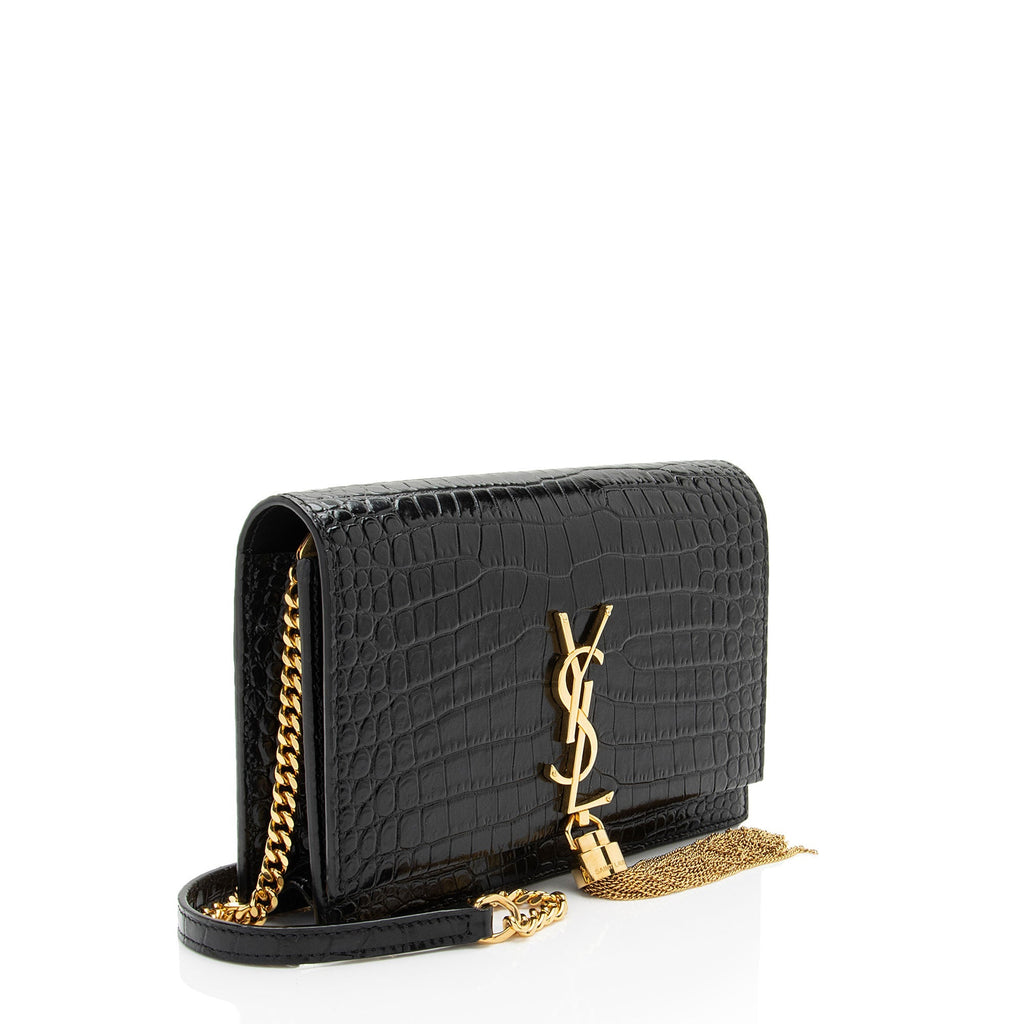 Saint Laurent Croc Embossed Leather Monogram Kate Tassel Chain Wallet