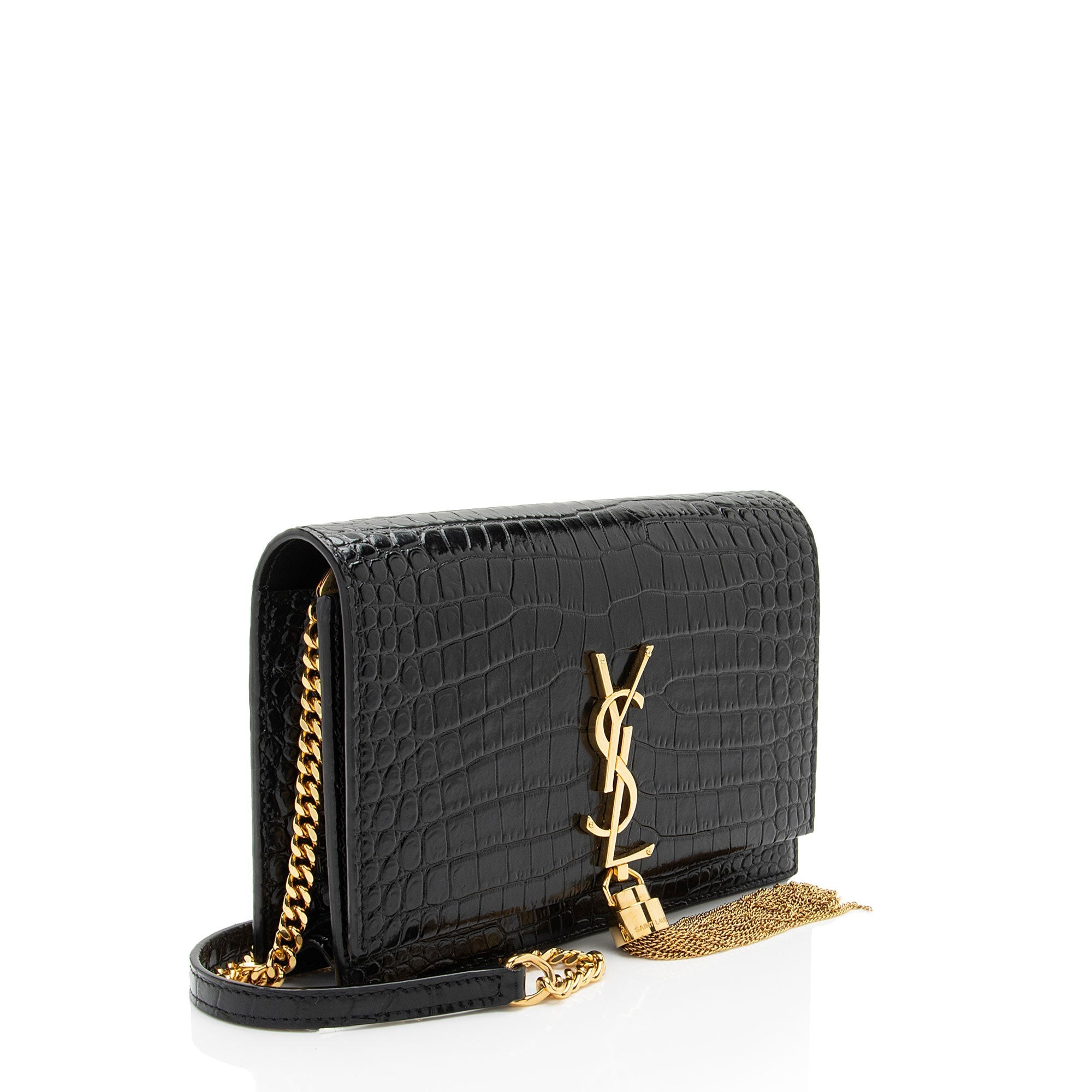 Saint Laurent Croc Embossed Leather Monogram Kate Tassel Chain Wallet