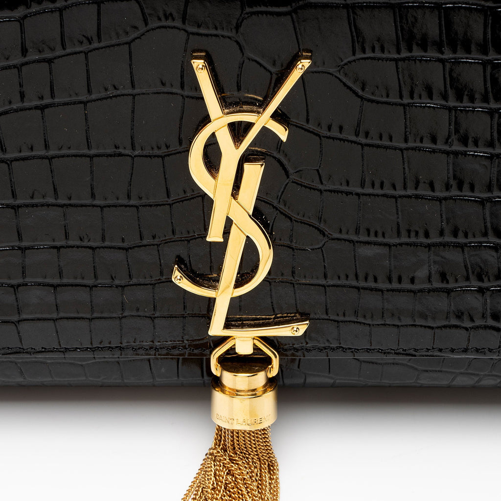 Saint Laurent Croc Embossed Leather Monogram Kate Tassel Clutch