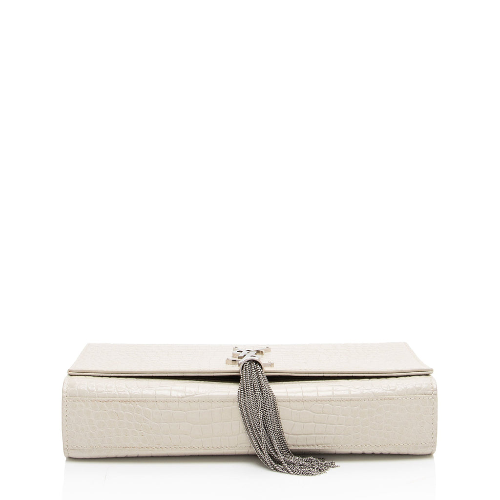 Saint Laurent Croc Embossed Leather Monogram Kate Tassel Medium Shoulder Bag (SHF-38szZN)
