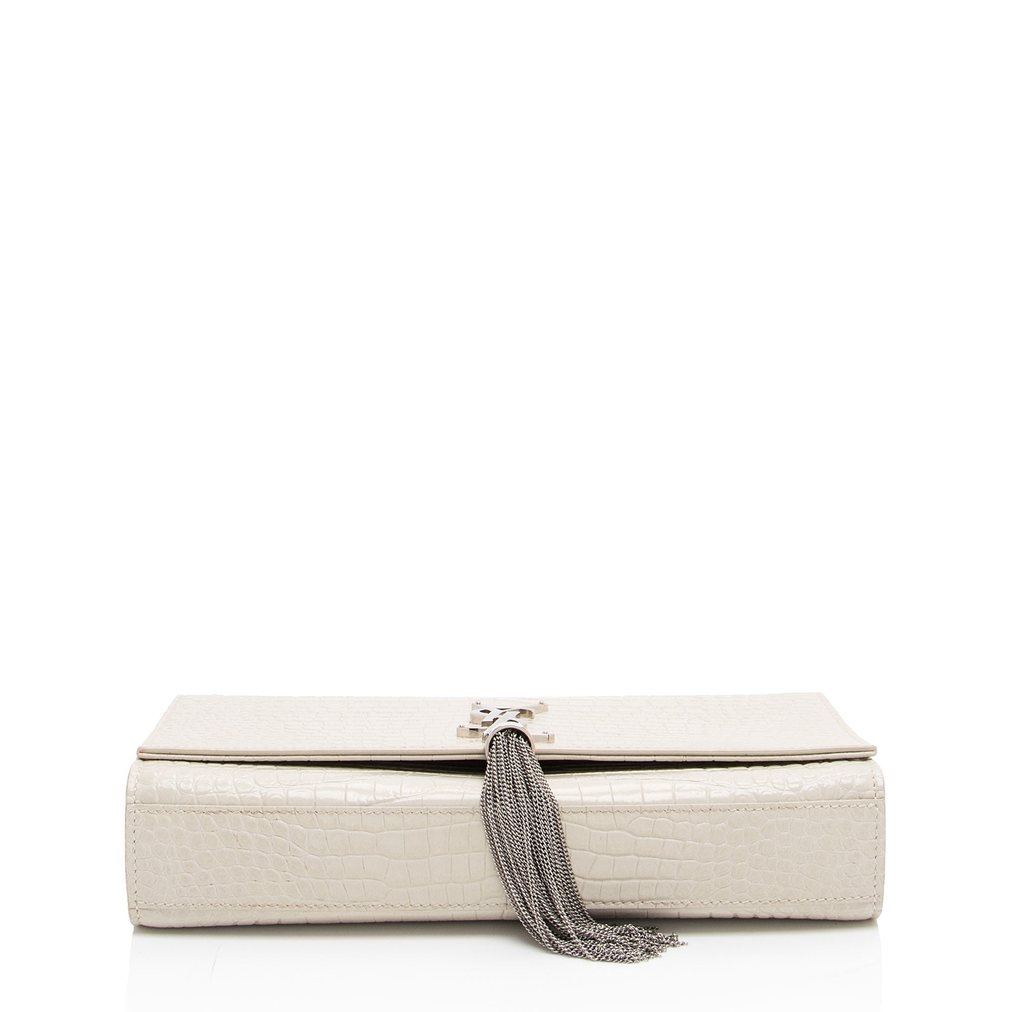 Saint Laurent Croc Embossed Leather Monogram Kate Tassel Medium Shoulder Bag (SHF-38szZN)