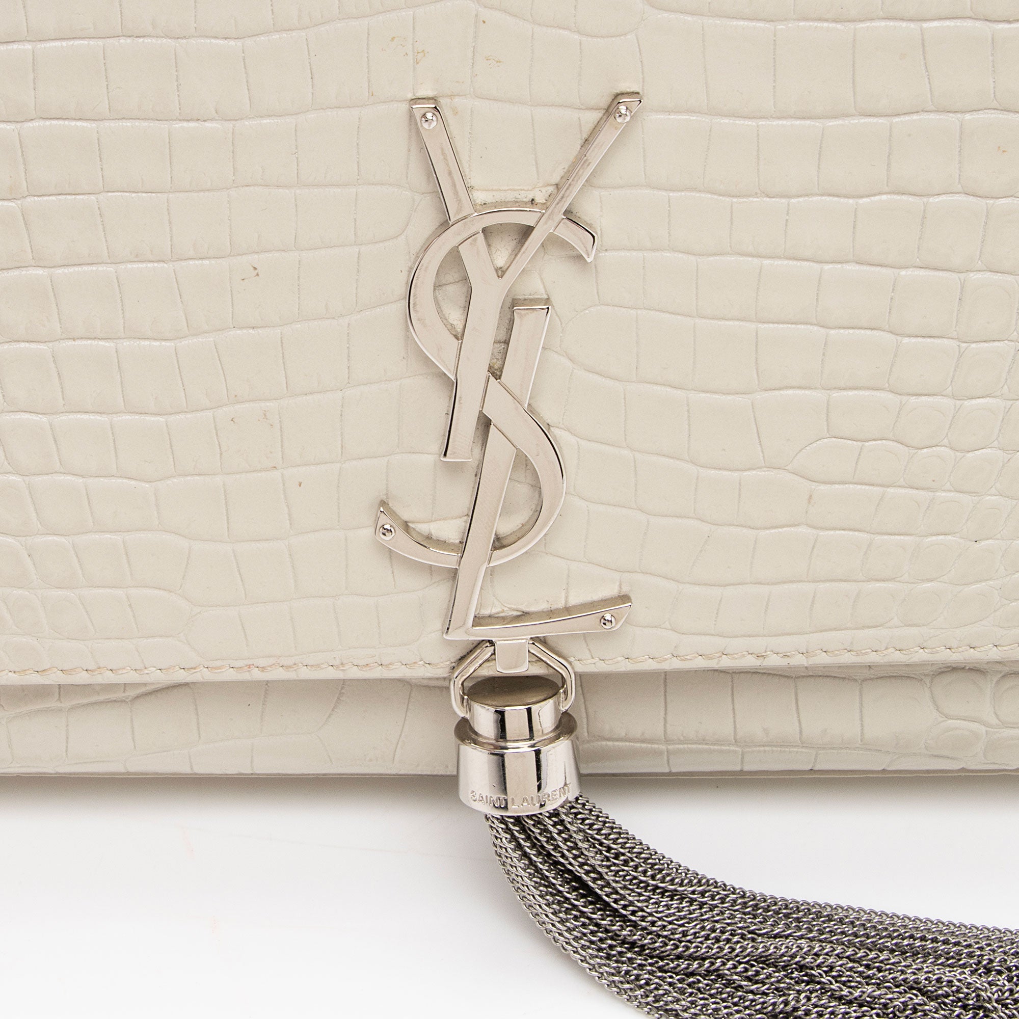 Saint Laurent Croc Embossed Leather Monogram Kate Tassel Medium Shoulder Bag (SHF-38szZN)