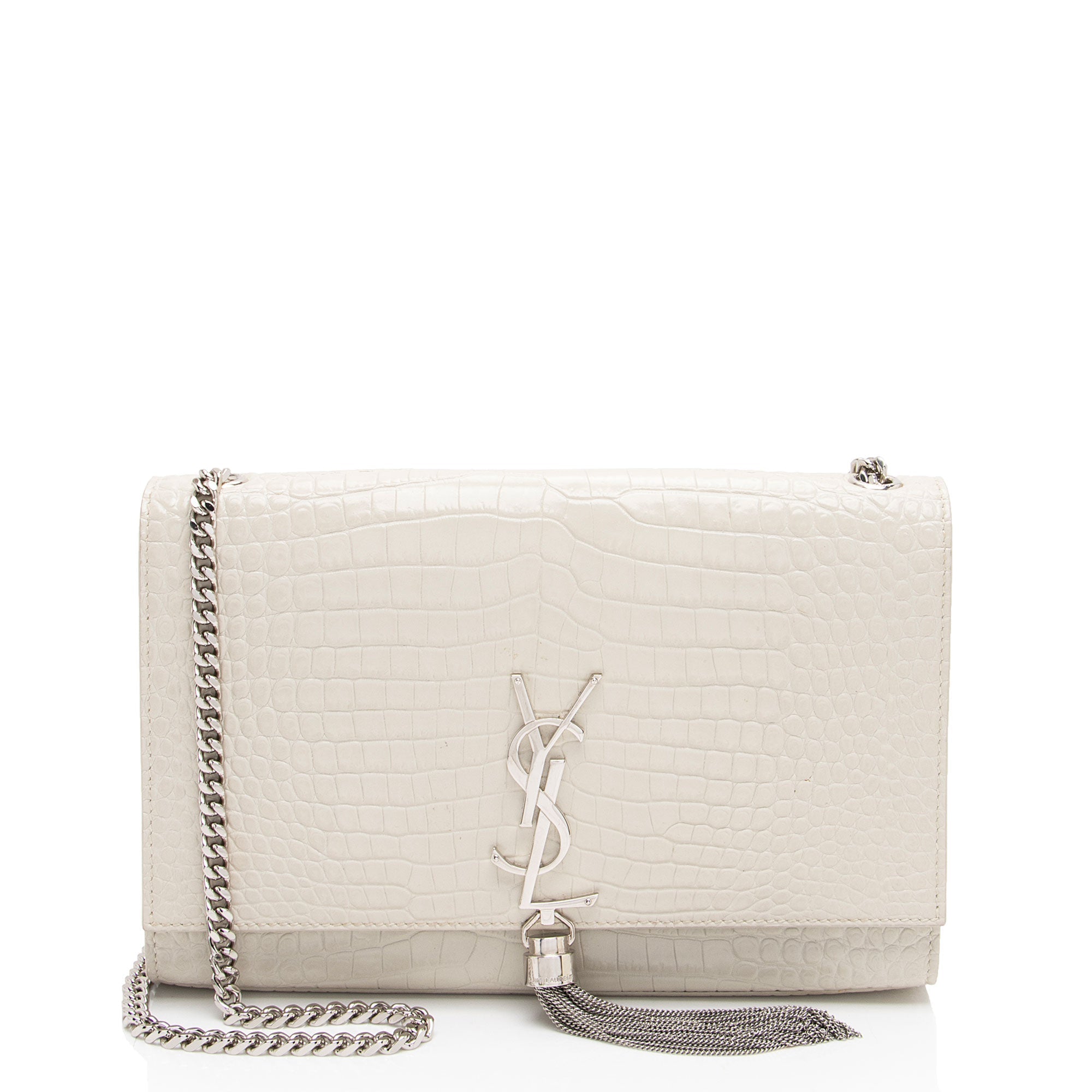 Saint Laurent Croc Embossed Leather Monogram Kate Tassel Medium Shoulder Bag (SHF-38szZN)