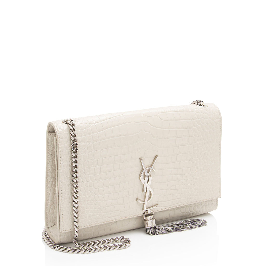 Saint Laurent Croc Embossed Leather Monogram Kate Tassel Medium Shoulder Bag (SHF-38szZN)