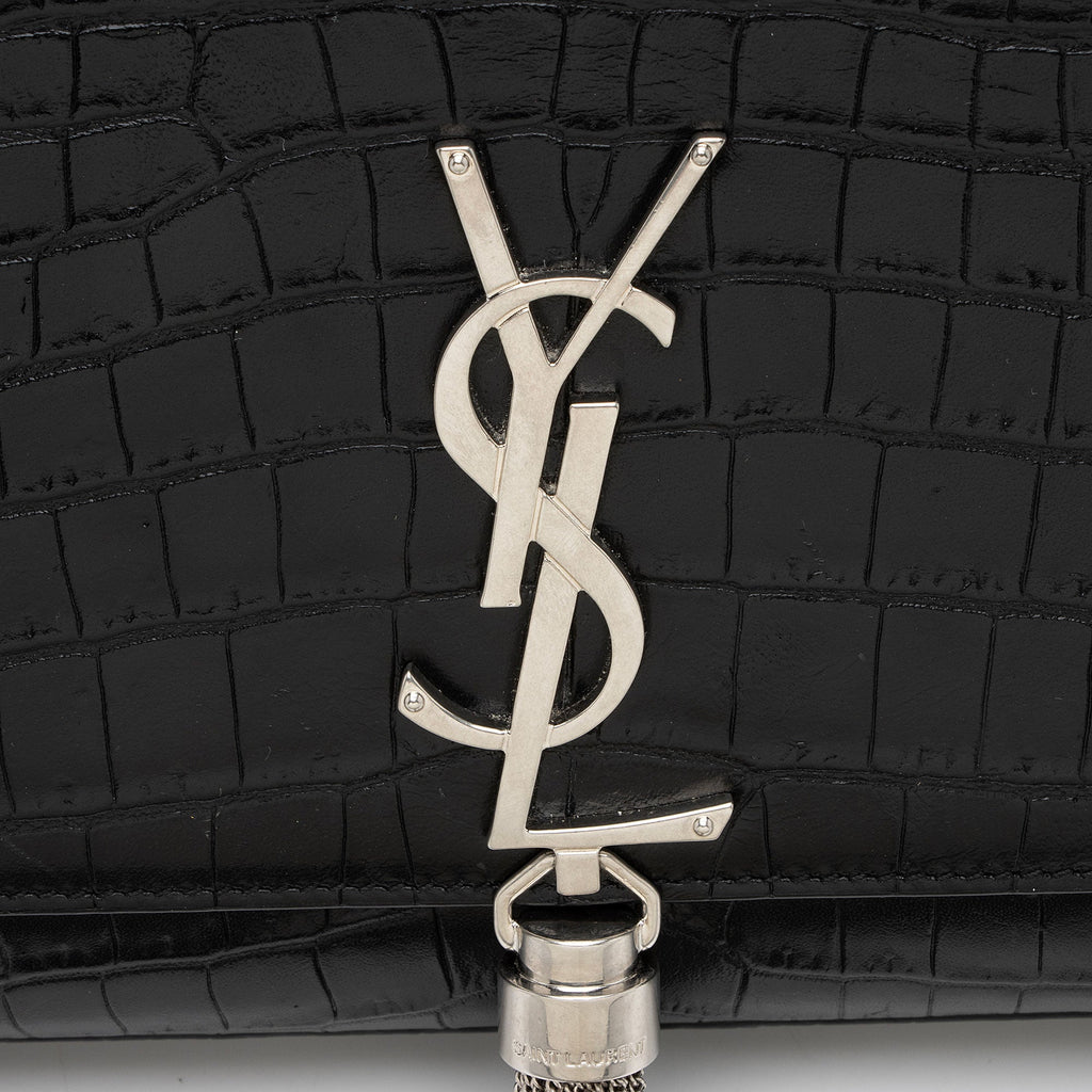 Saint Laurent Croc Embossed Leather Monogram Kate Tassel Medium Shoulder Bag