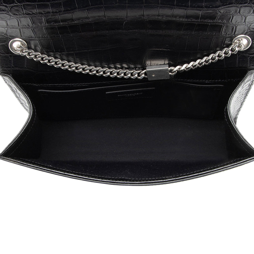 Saint Laurent Croc Embossed Leather Monogram Kate Tassel Medium Shoulder Bag