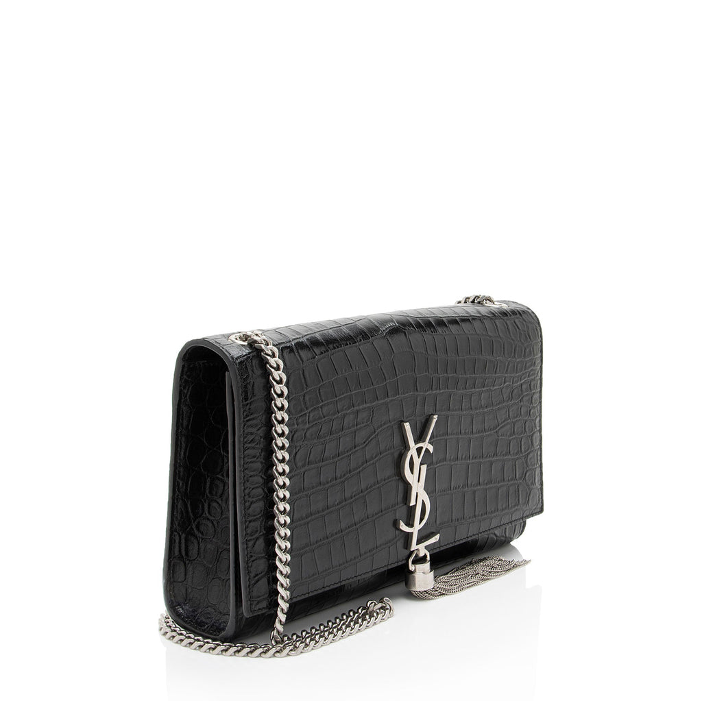 Saint Laurent Croc Embossed Leather Monogram Kate Tassel Medium Shoulder Bag