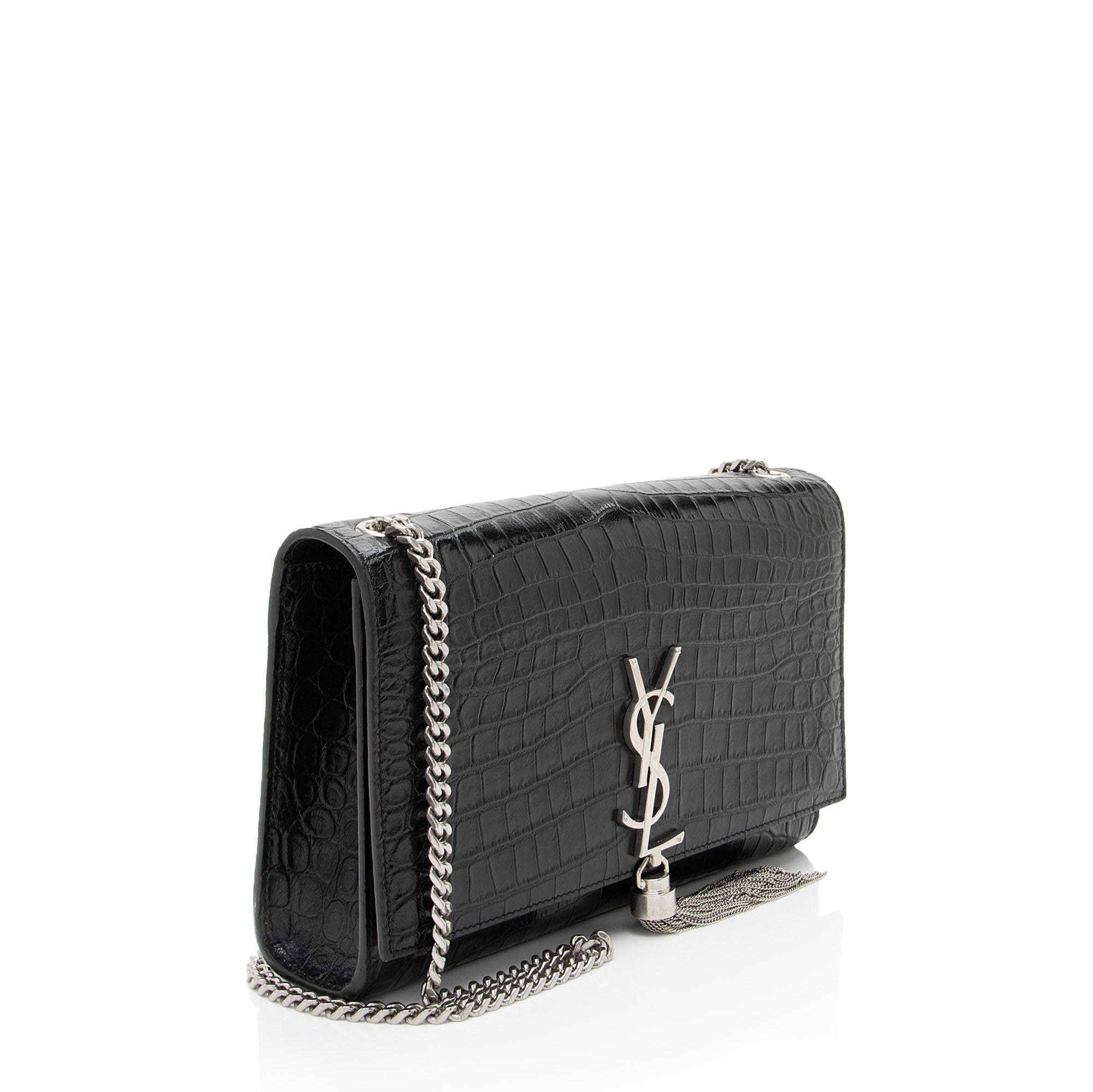 Saint Laurent Croc Embossed Leather Monogram Kate Tassel Medium Shoulder Bag