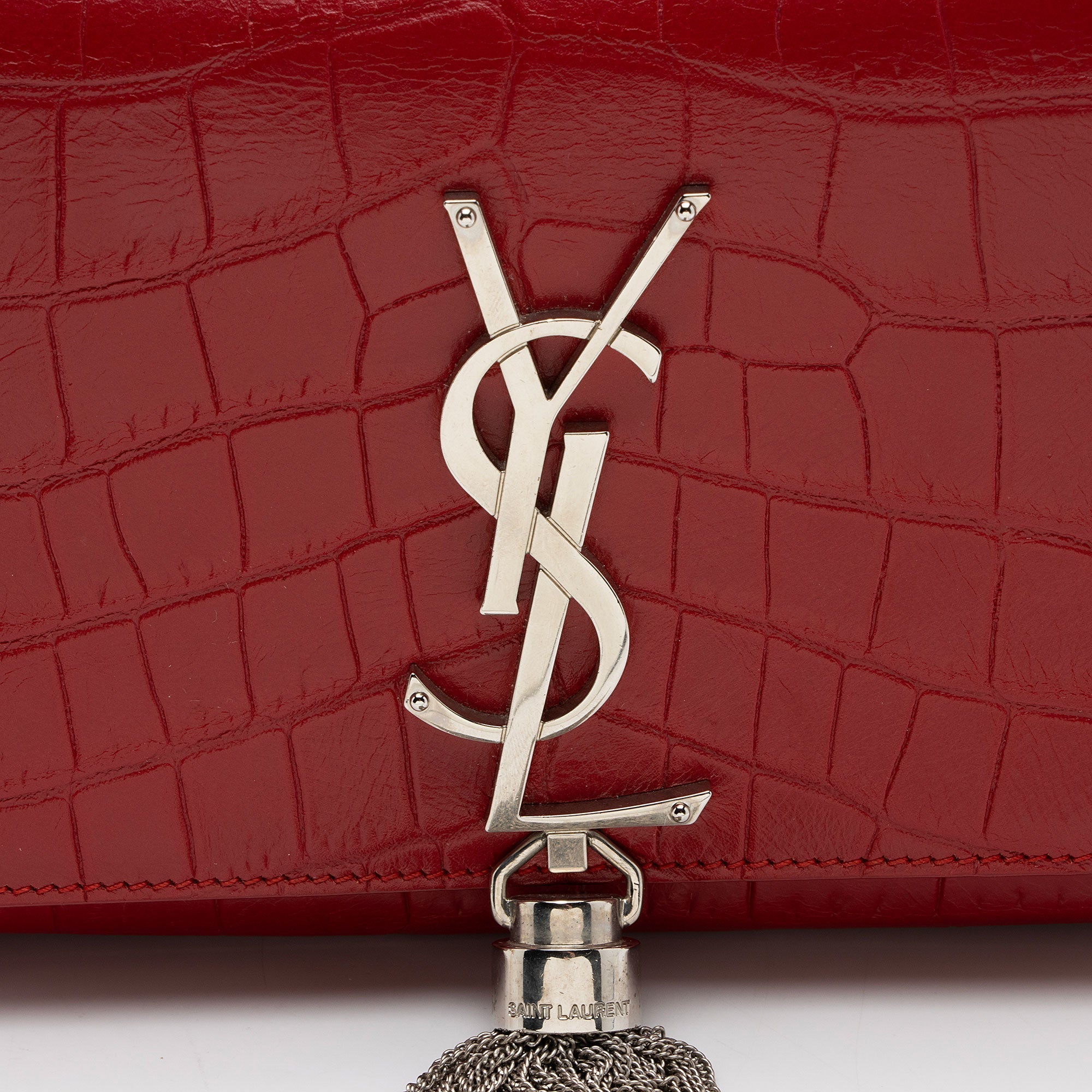 Saint Laurent Croc Embossed Leather Monogram Kate Tassel Mini Shoulder Bag