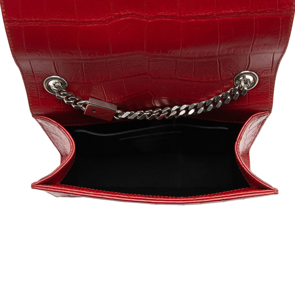 Saint Laurent Croc Embossed Leather Monogram Kate Tassel Mini Shoulder Bag