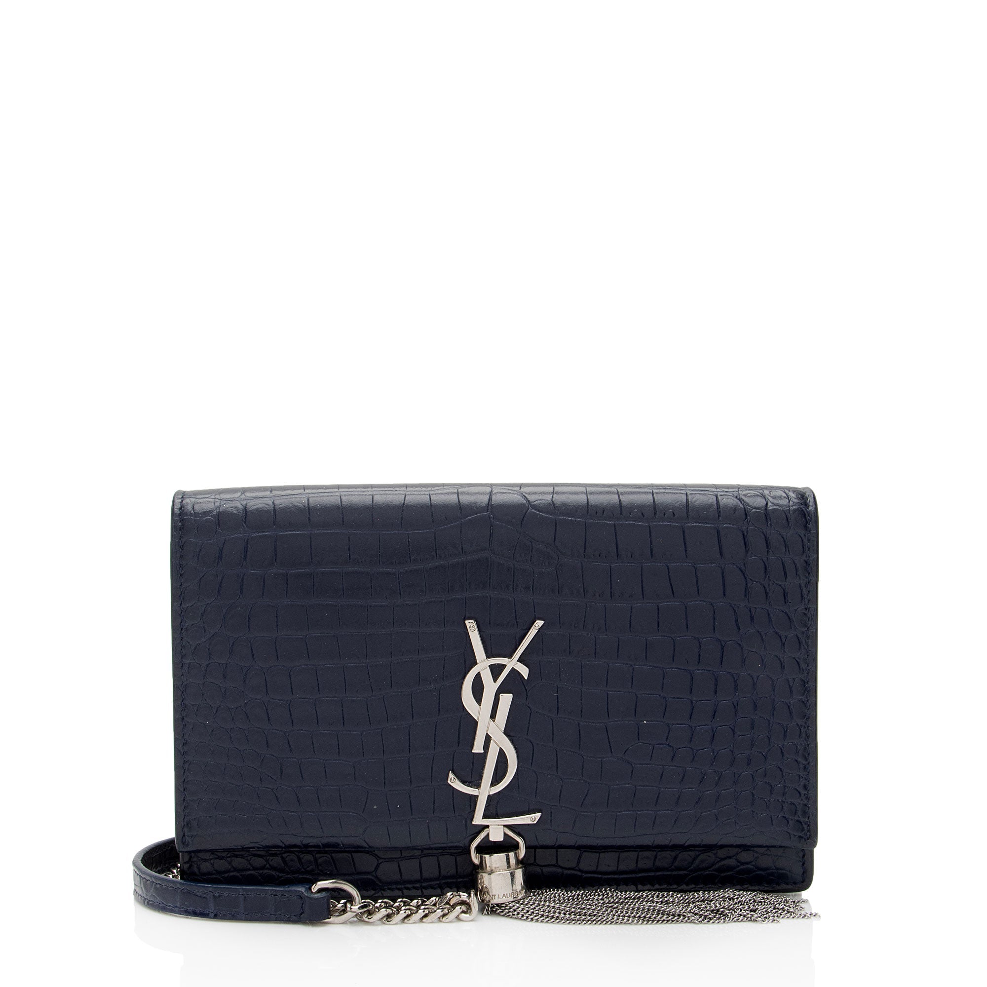 Saint Laurent Croc Embossed Leather Monogram Kate Tassel Small Shoulder Bag