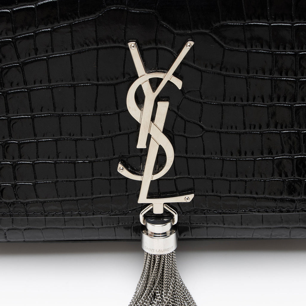 Saint Laurent Croc Embossed Leather Monogram Kate Tassel Small Shoulder Bag