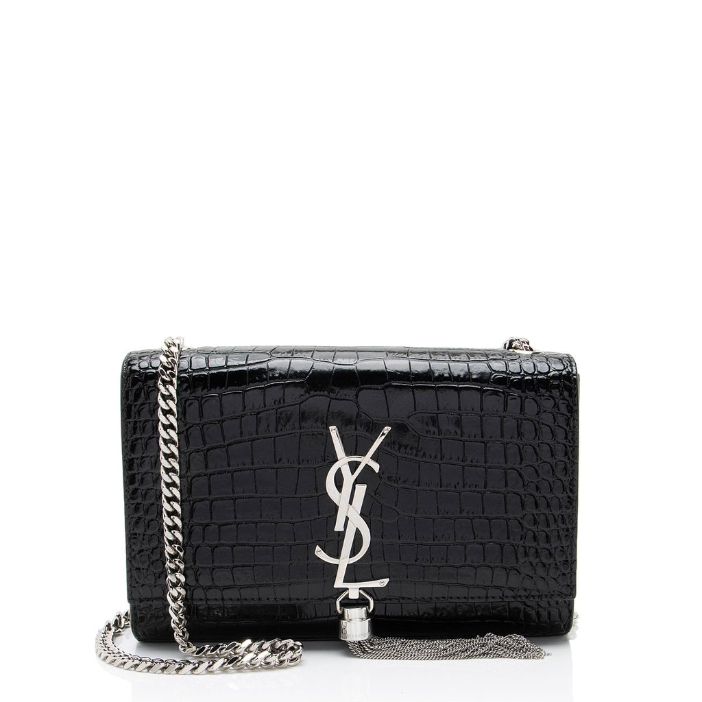 Saint Laurent Croc Embossed Leather Monogram Kate Tassel Small Shoulder Bag