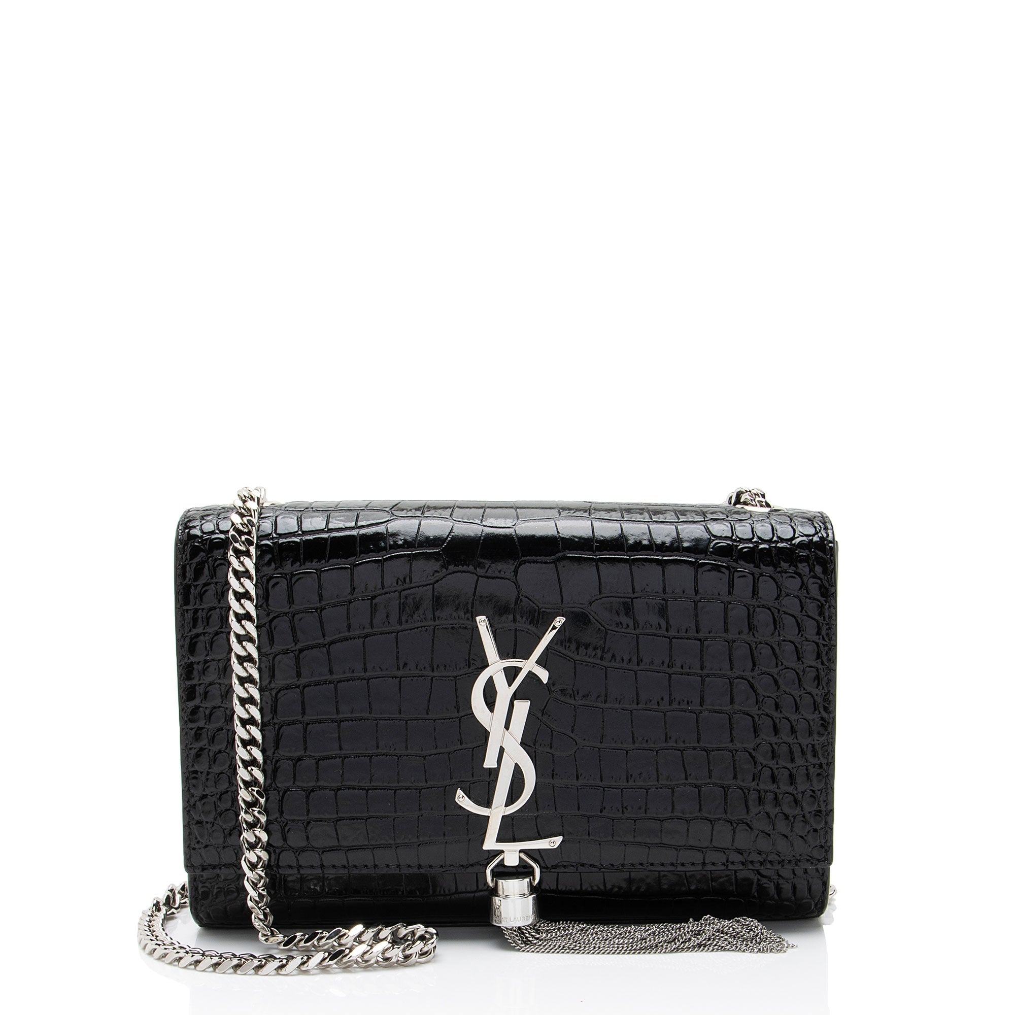 Saint Laurent Croc Embossed Leather Monogram Kate Tassel Small Shoulder Bag