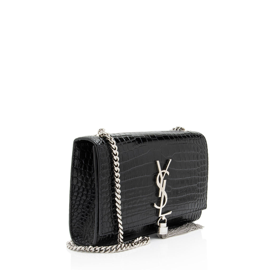 Saint Laurent Croc Embossed Leather Monogram Kate Tassel Small Shoulder Bag