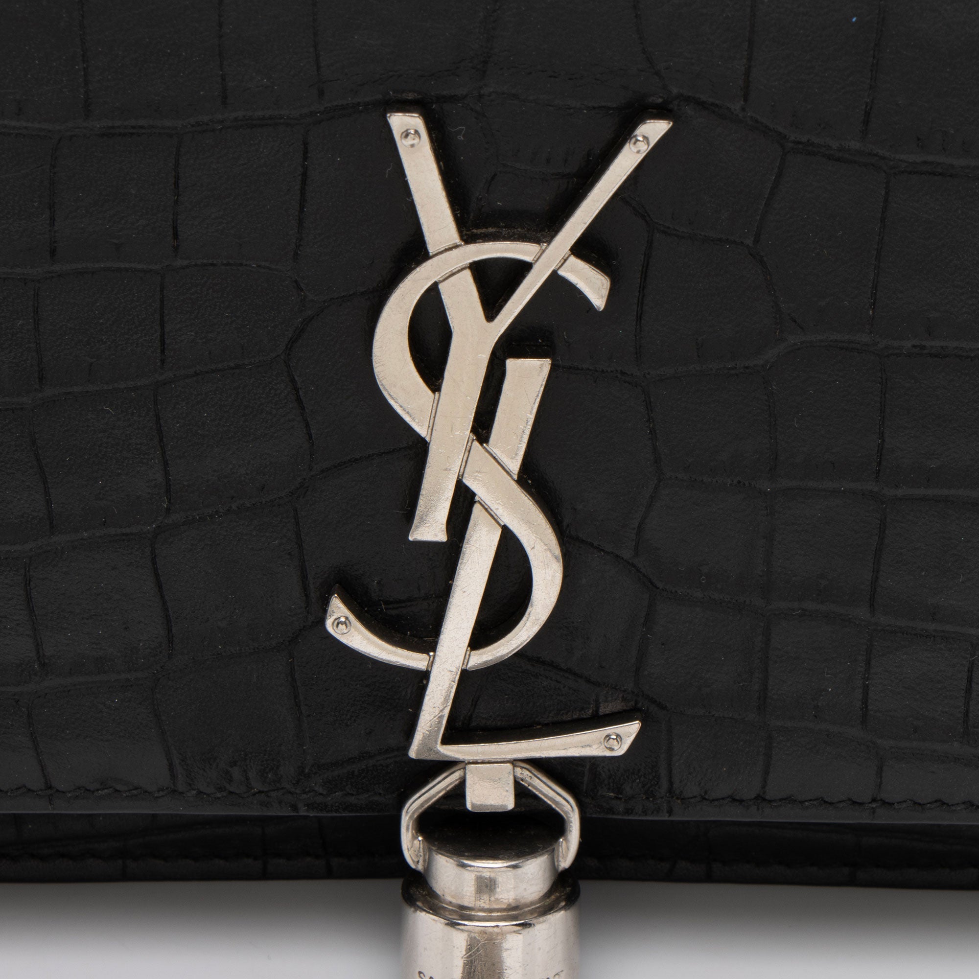 Saint Laurent Croc Embossed Leather Monogram Kate Tassel (SHF-fsD46M)