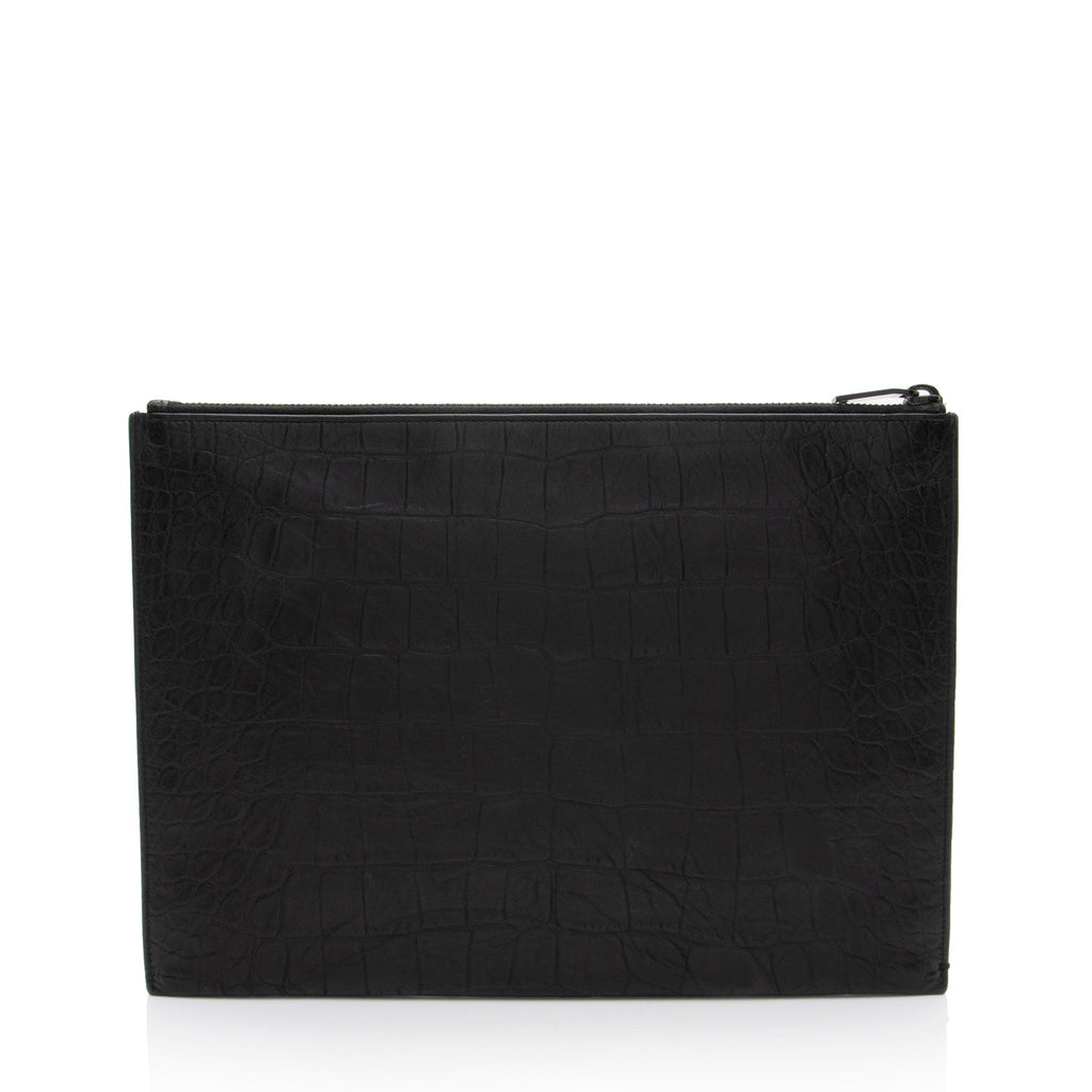Saint Laurent Croc Embossed Leather Monogram Large Zip Pouch