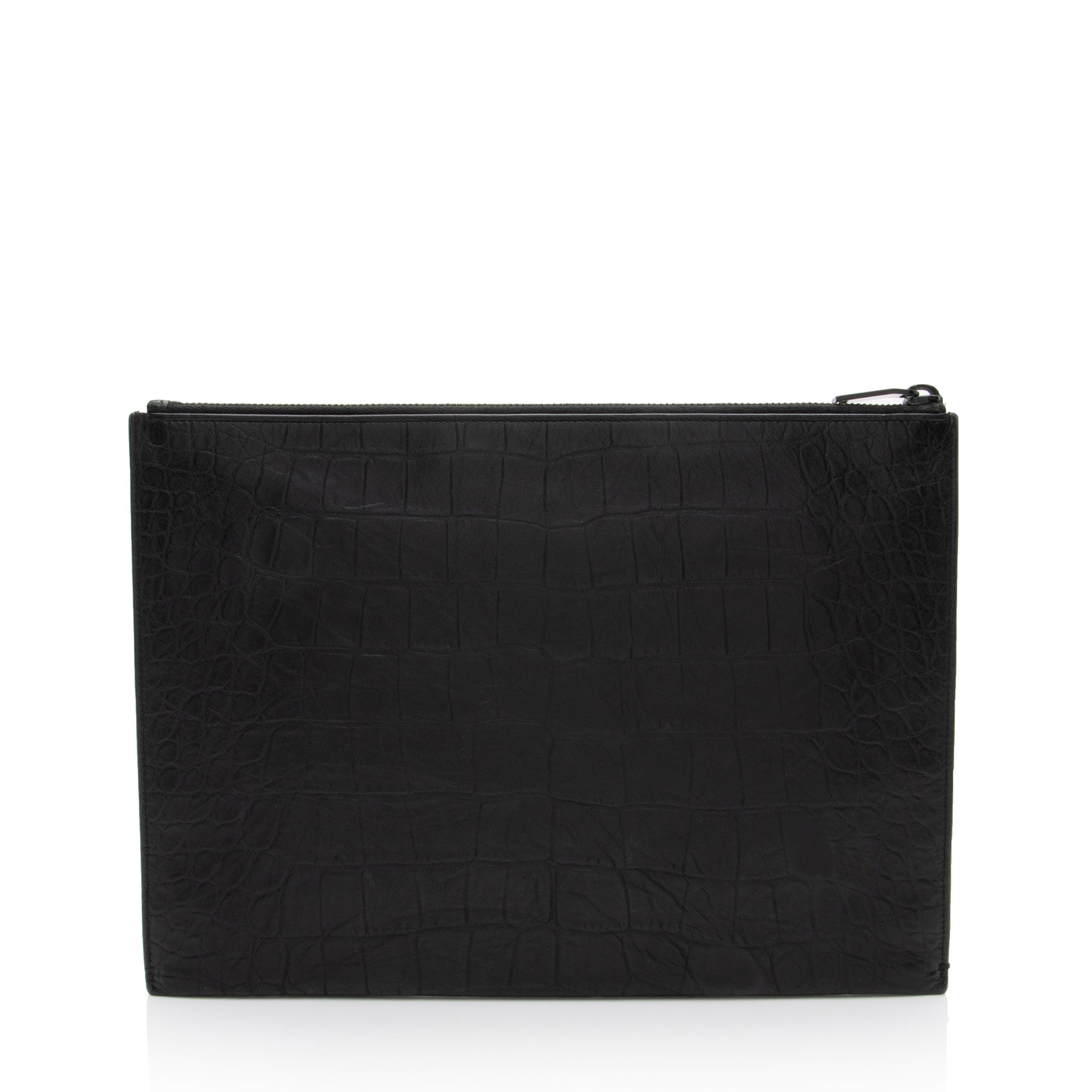 Saint Laurent Croc Embossed Leather Monogram Large Zip Pouch