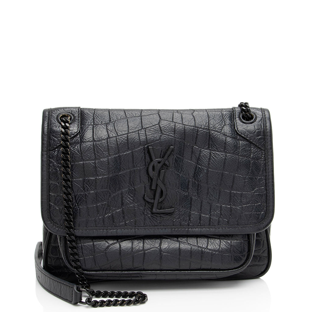 Saint Laurent Croc Embossed Leather Monogram Niki Baby Shoulder Bag (SHF-NVfs5q)