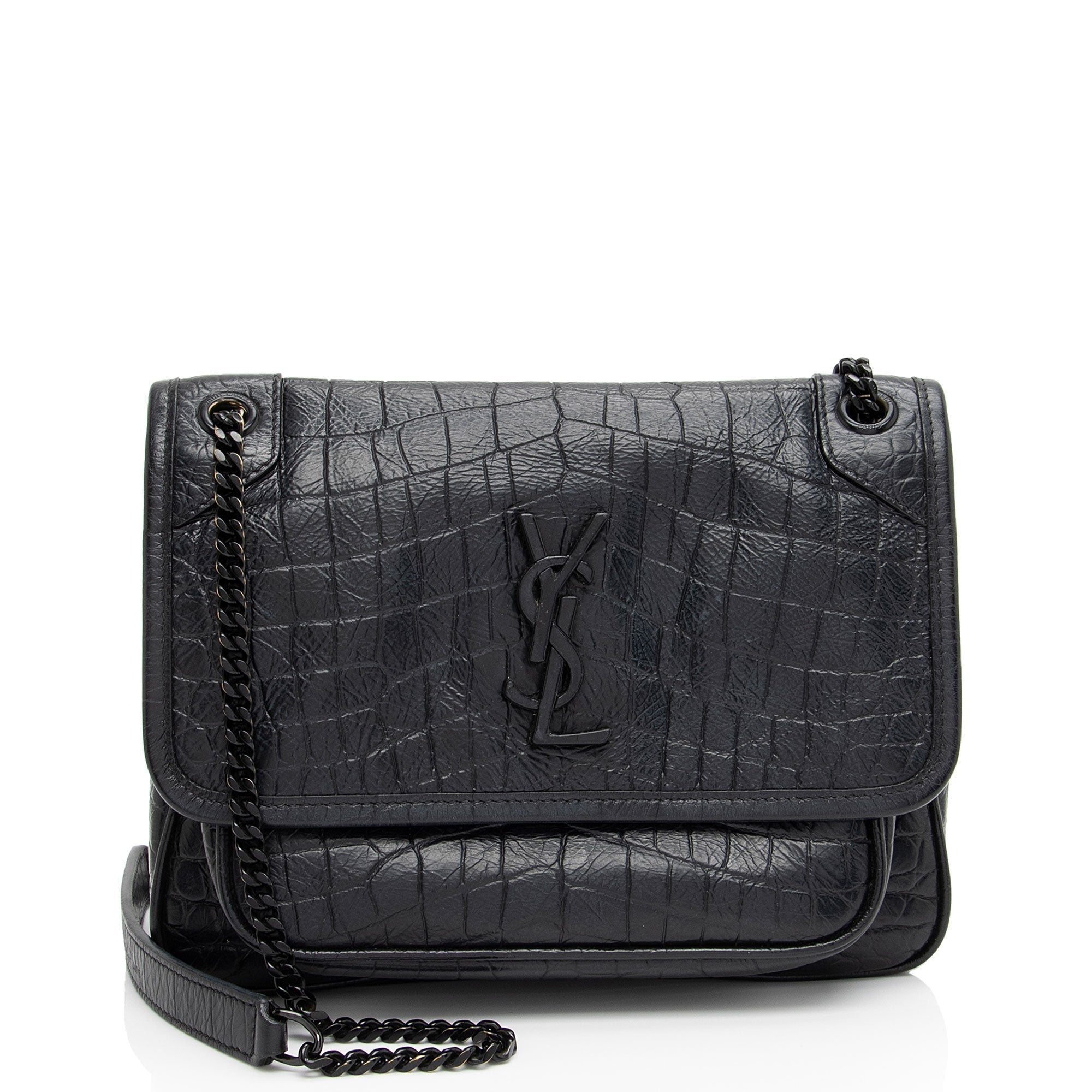 Saint Laurent Croc Embossed Leather Monogram Niki Baby Shoulder Bag (SHF-NVfs5q)
