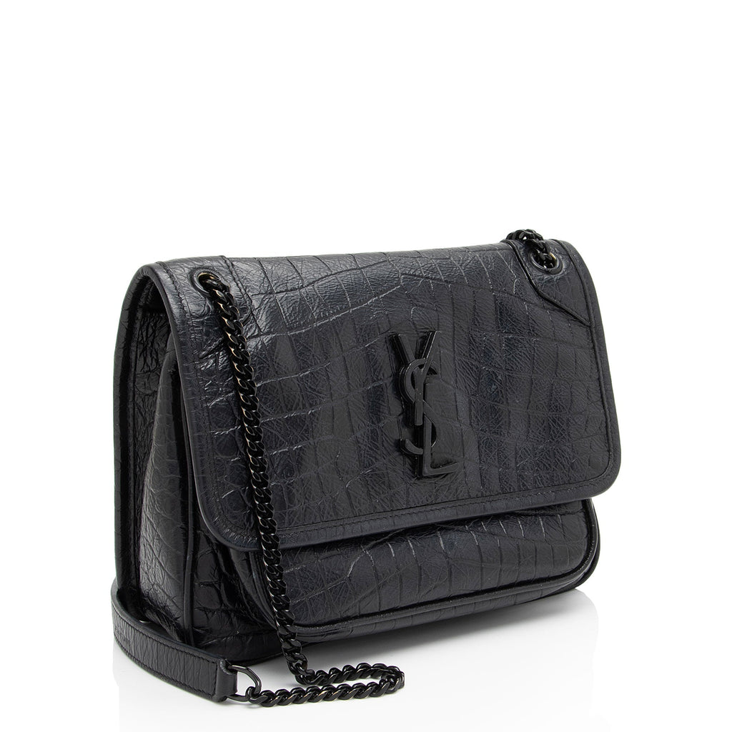 Saint Laurent Croc Embossed Leather Monogram Niki Baby Shoulder Bag (SHF-NVfs5q)