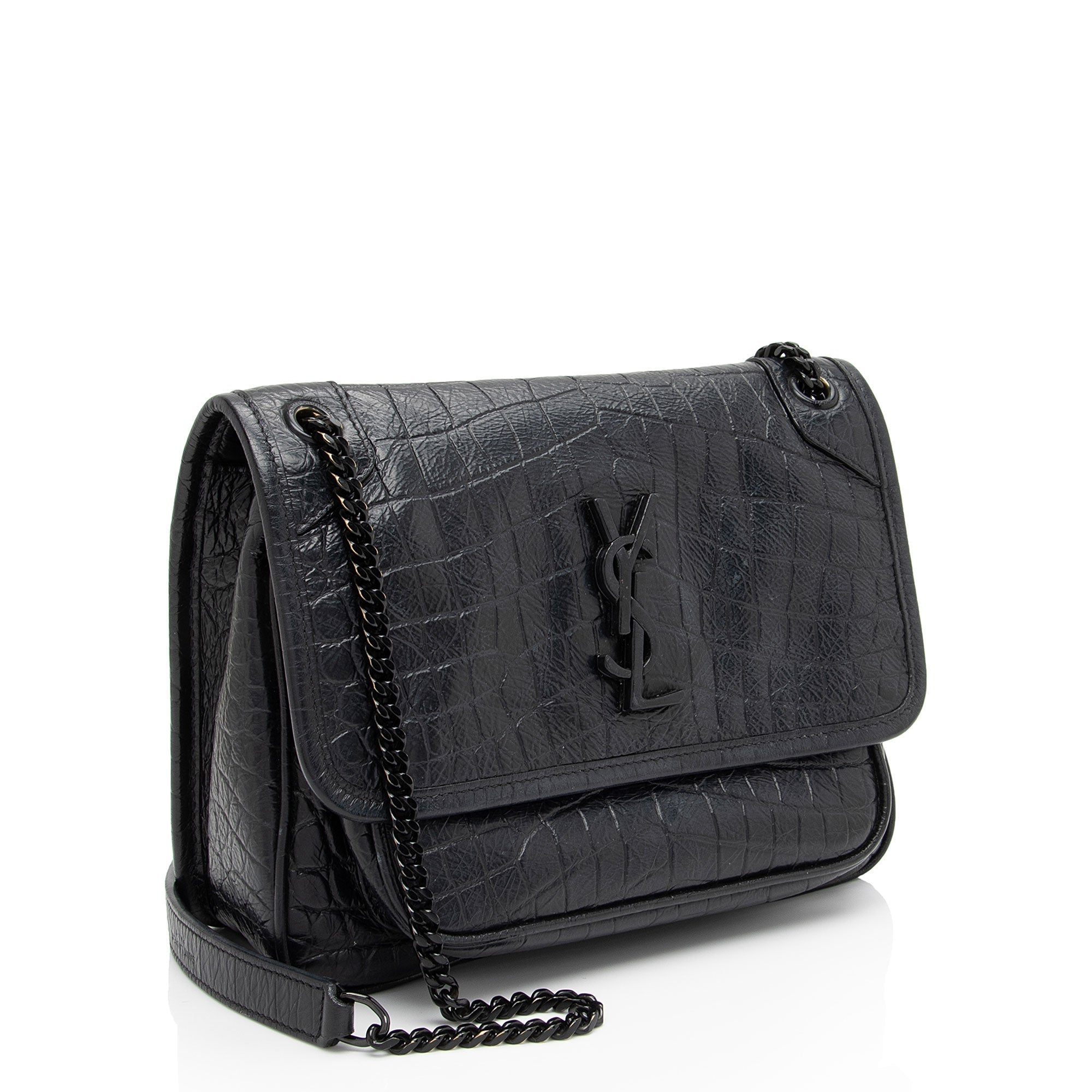 Saint Laurent Croc Embossed Leather Monogram Niki Baby Shoulder Bag (SHF-NVfs5q)
