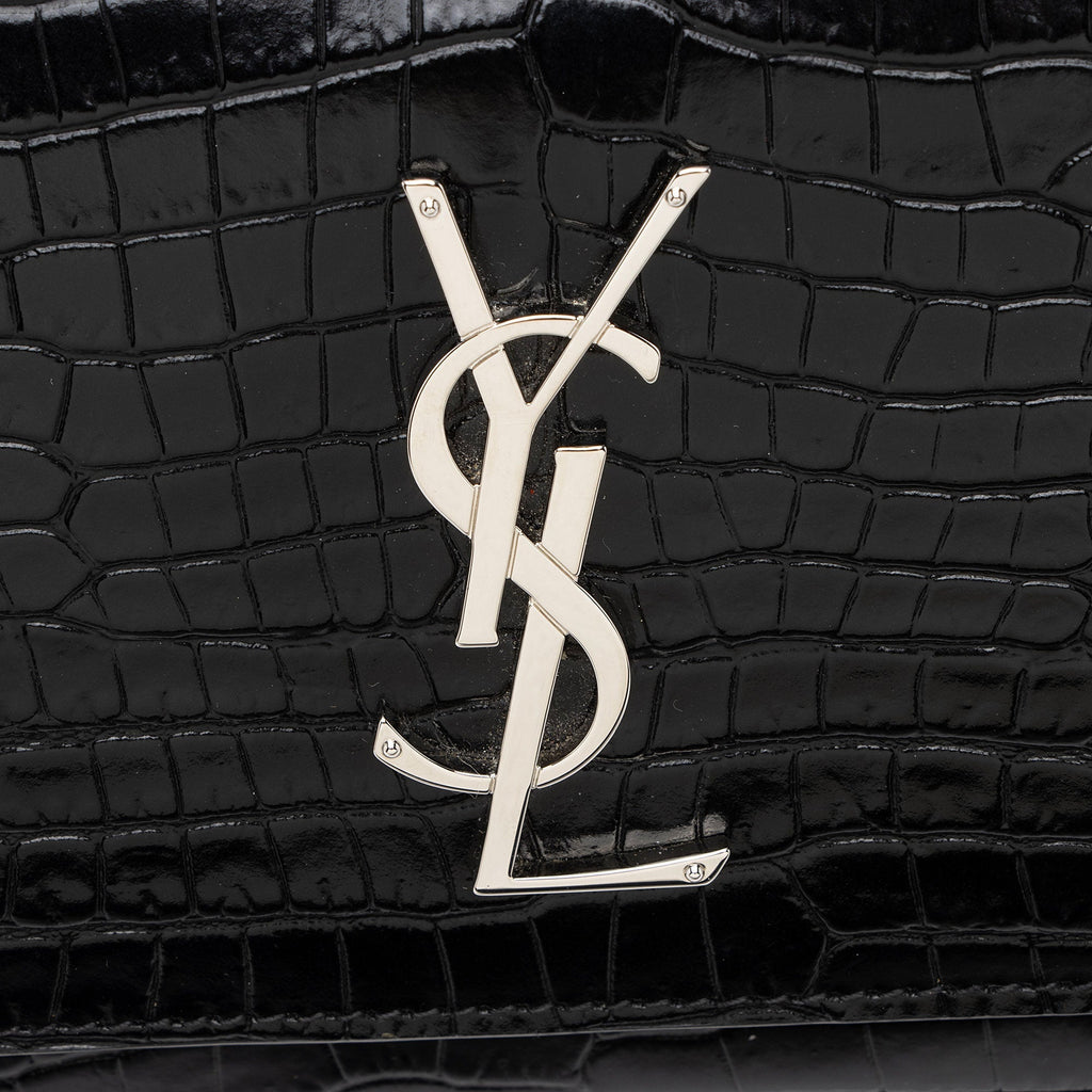 Saint Laurent Croc Embossed Leather Monogram Sunset Chain Wallet