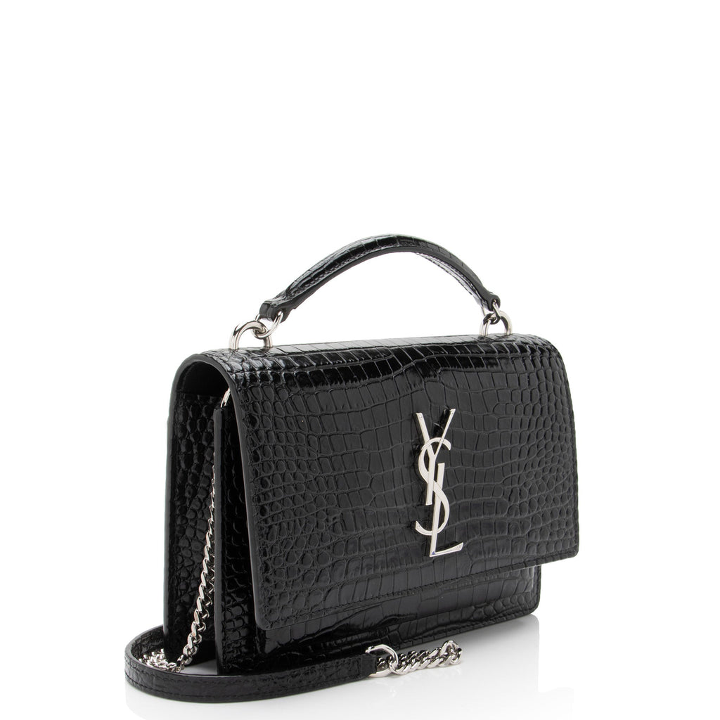 Saint Laurent Croc Embossed Leather Monogram Sunset Chain Wallet
