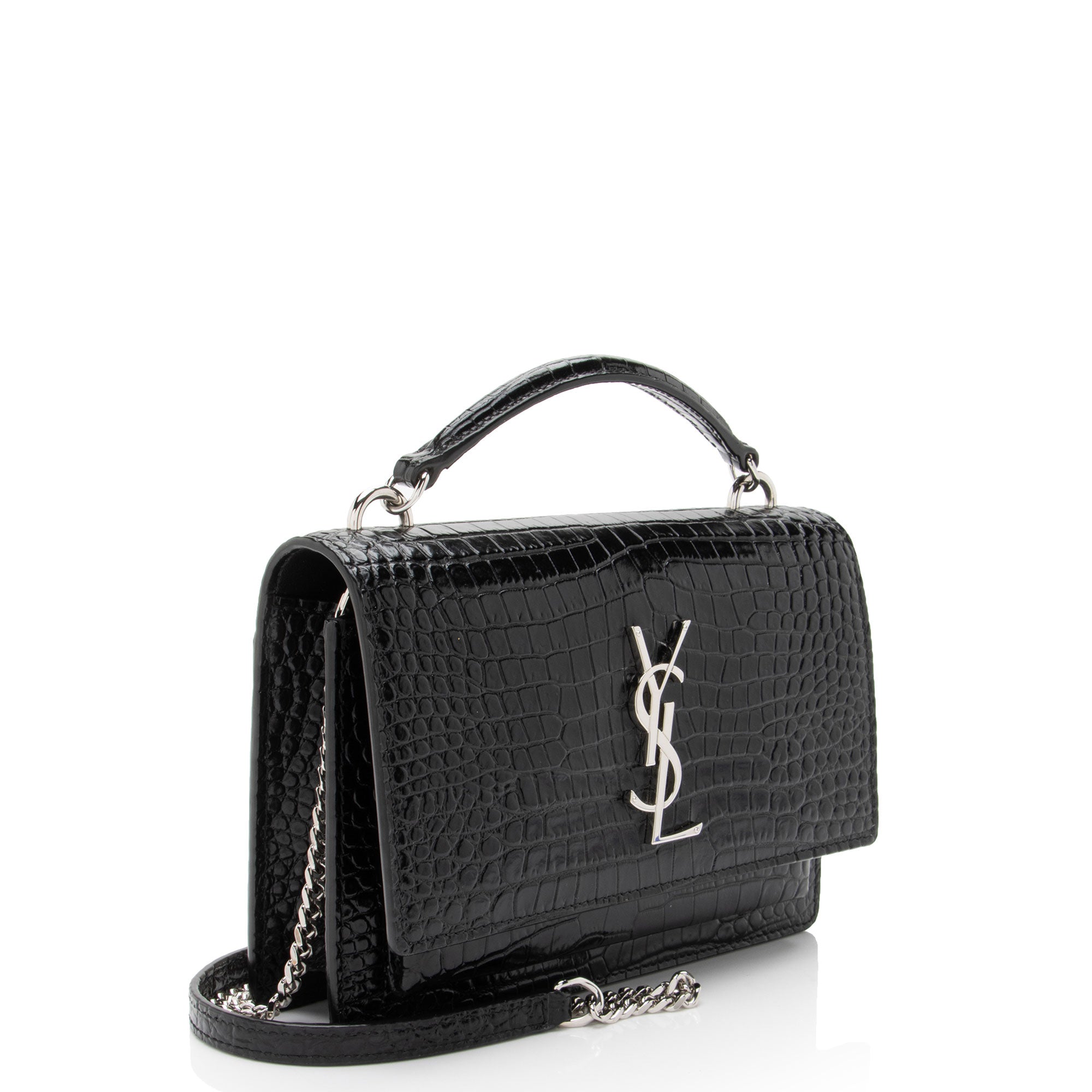 Saint Laurent Croc Embossed Leather Monogram Sunset Chain Wallet