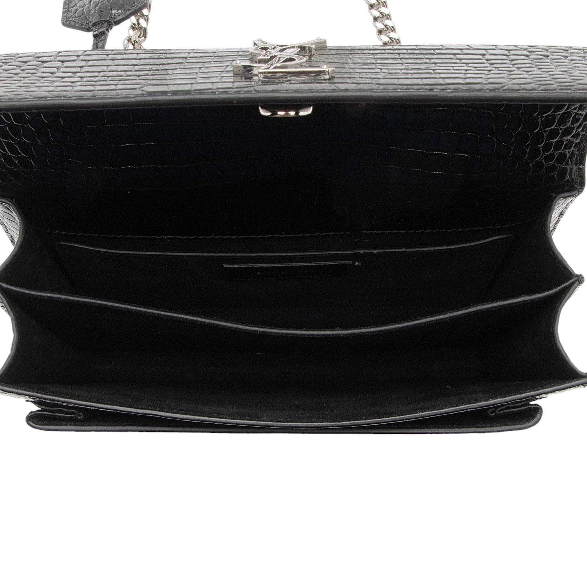 Saint Laurent Croc Embossed Leather Monogram Sunset Medium Shoulder Bag (SHF-M2o6S1)