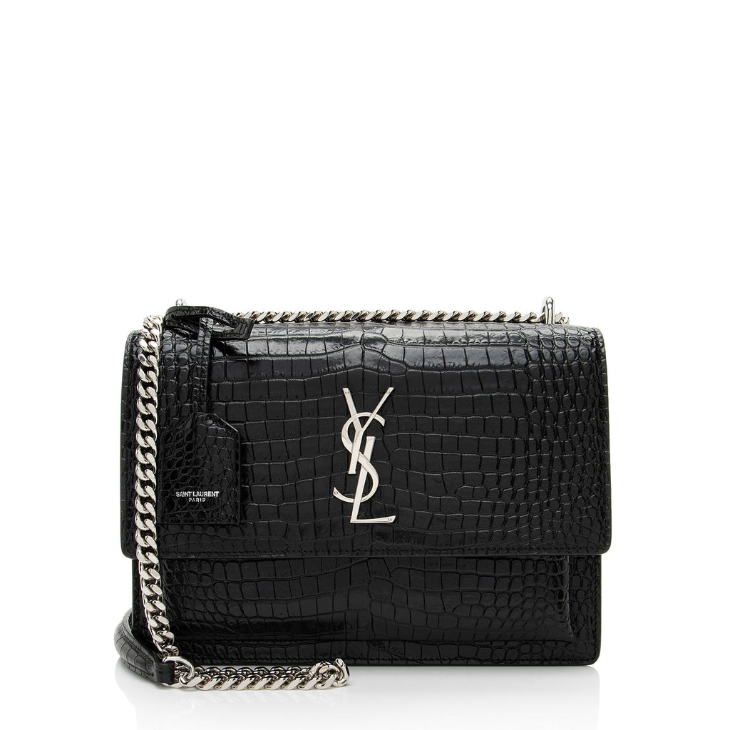 Saint Laurent Croc Embossed Leather Monogram Sunset Medium Shoulder Bag