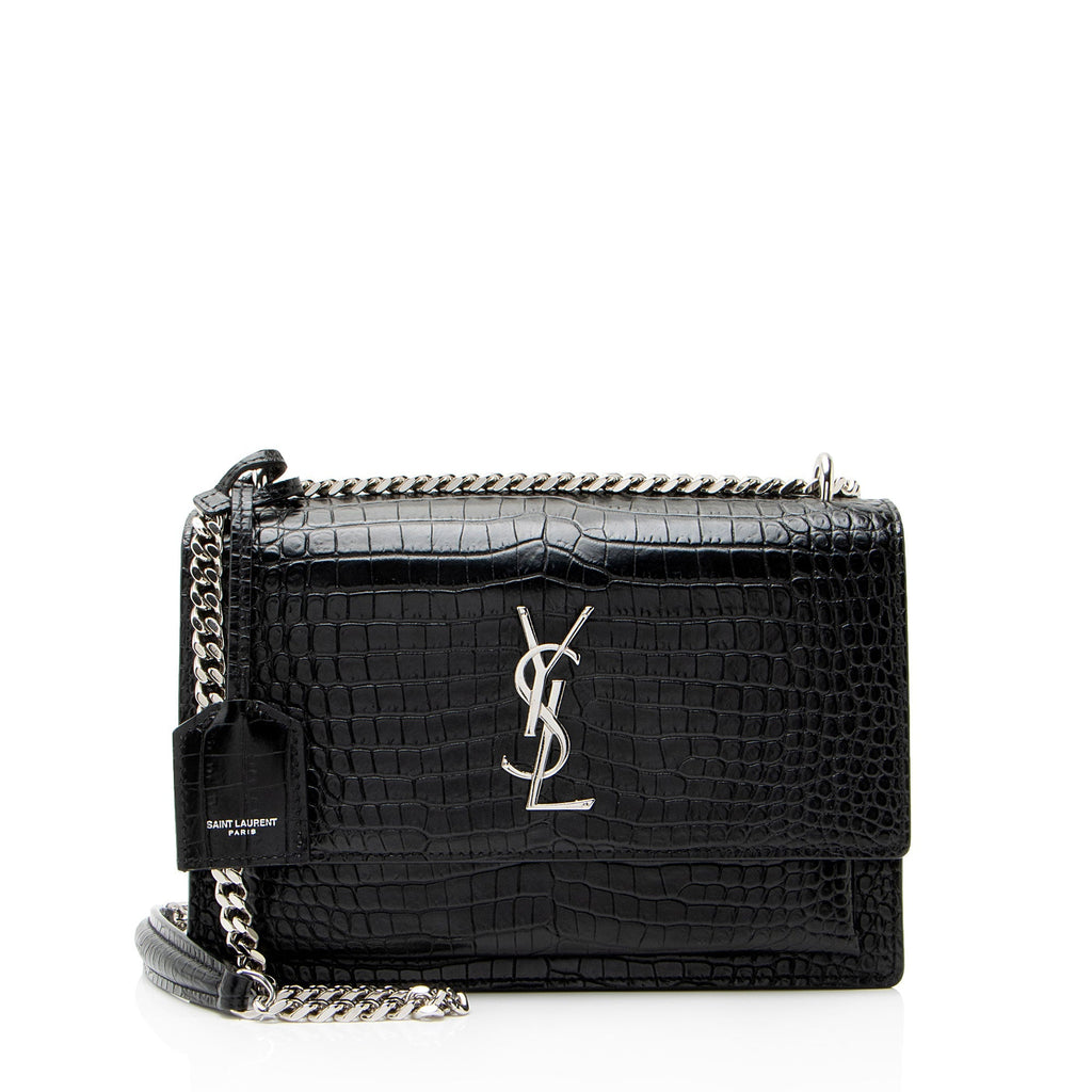 Saint Laurent Croc Embossed Leather Monogram Sunset Medium Shoulder Bag