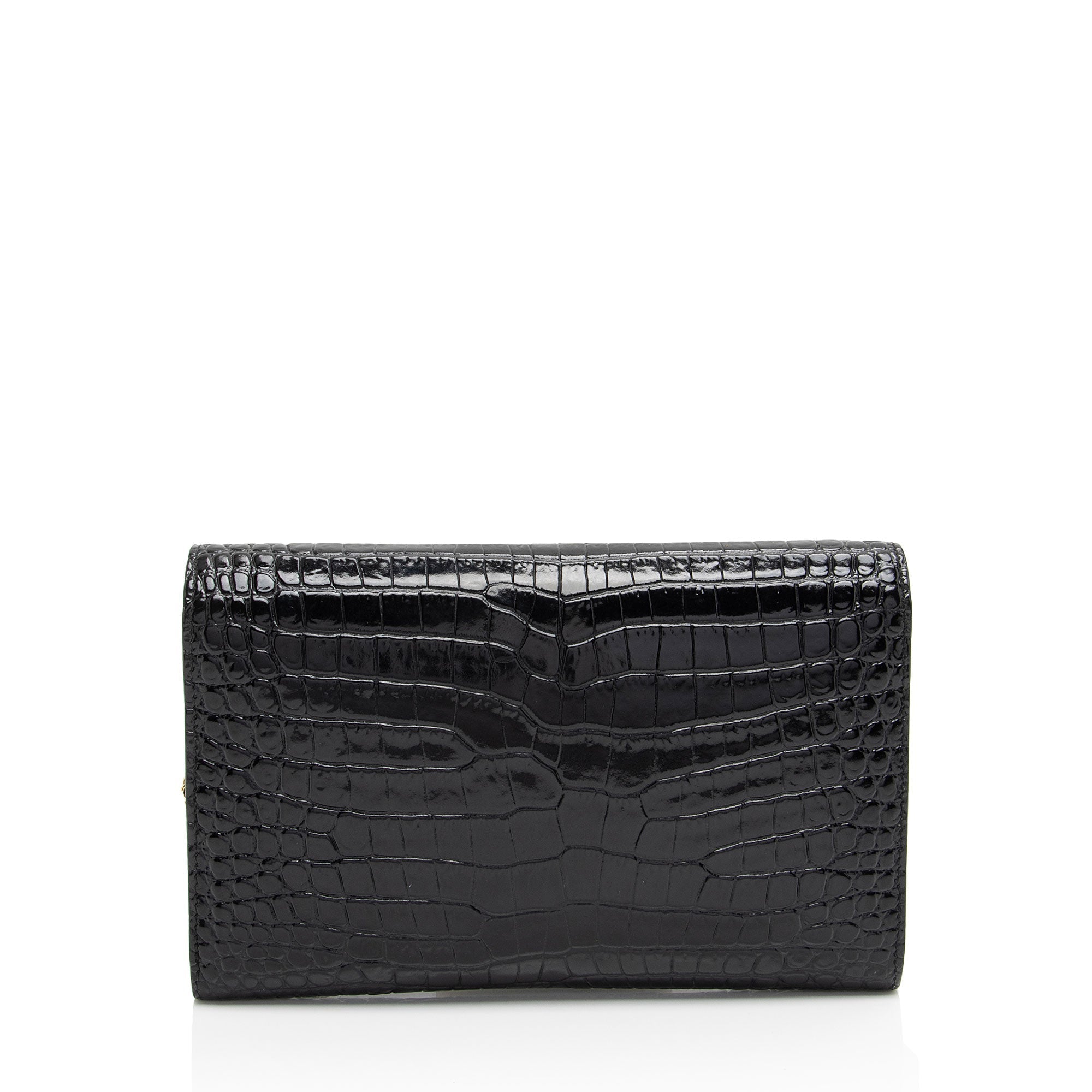 Saint Laurent Croc Embossed Leather Monogram Uptown Chain Wallet (SHF-wPV9vB)