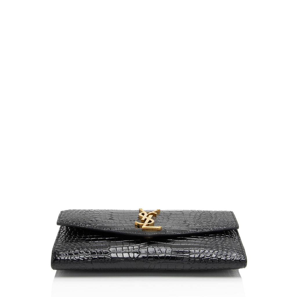 Saint Laurent Croc Embossed Leather Monogram Uptown Chain Wallet (SHF-wPV9vB)