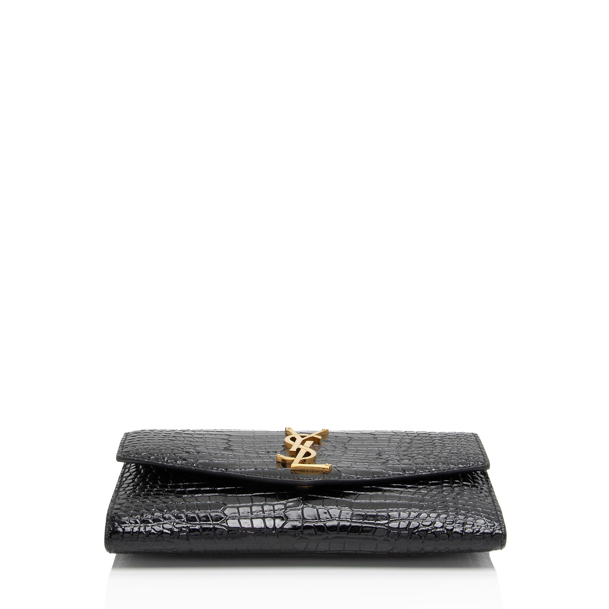 Saint Laurent Croc Embossed Leather Monogram Uptown Chain Wallet (SHF-wPV9vB)