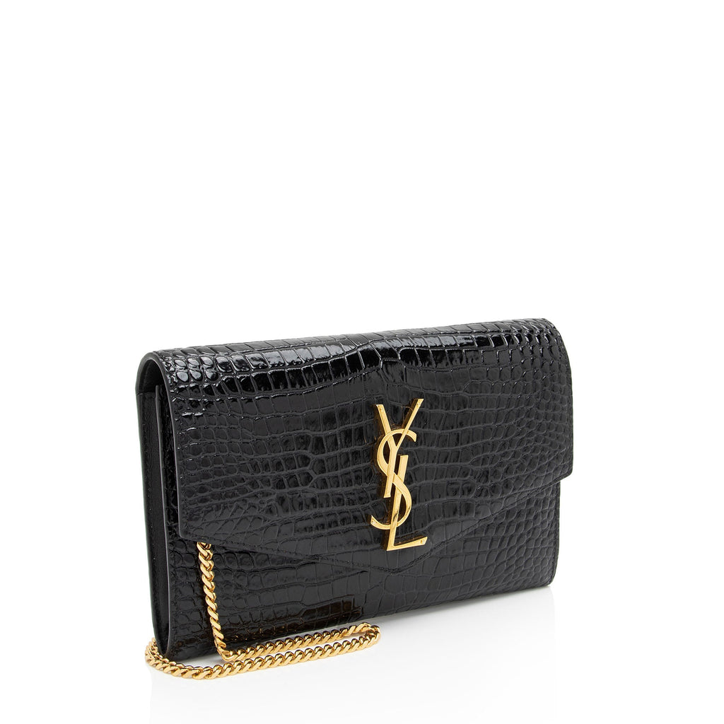 Saint Laurent Croc Embossed Leather Monogram Uptown Chain Wallet (SHF-wPV9vB)