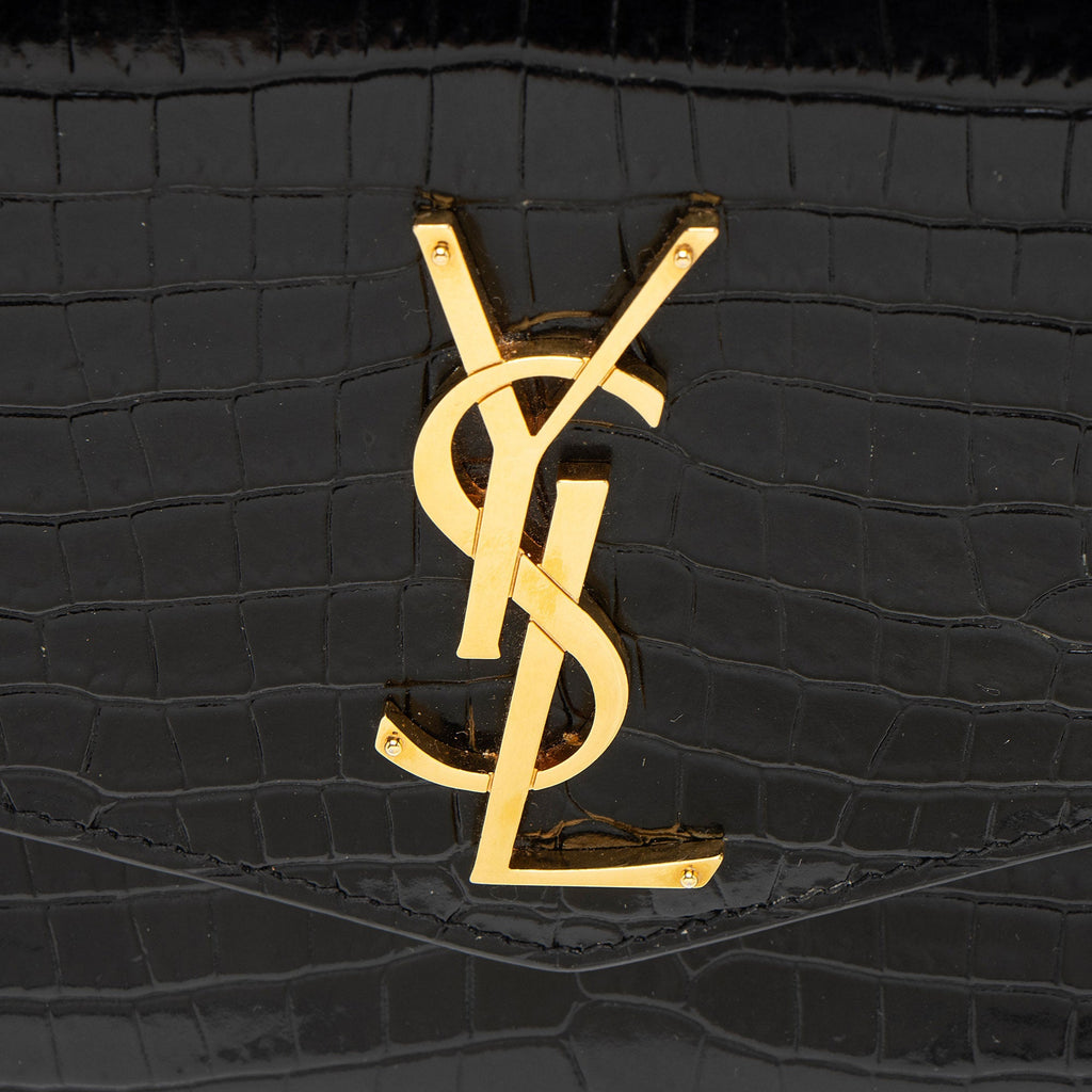 Saint Laurent Croc Embossed Leather Monogram Uptown Chain Wallet