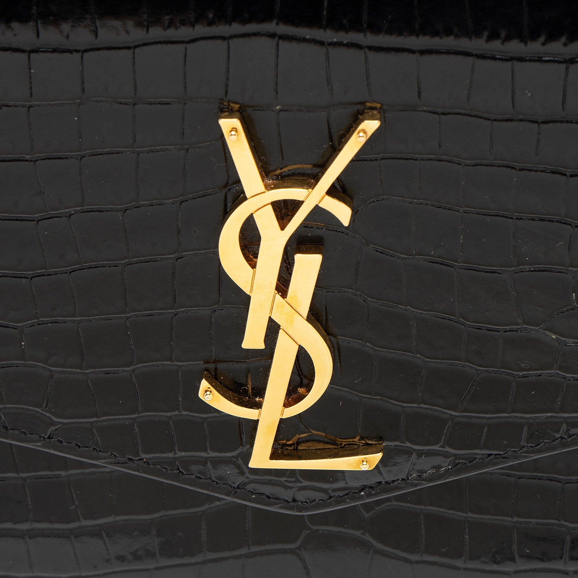 Saint Laurent Croc Embossed Leather Monogram Uptown Chain Wallet