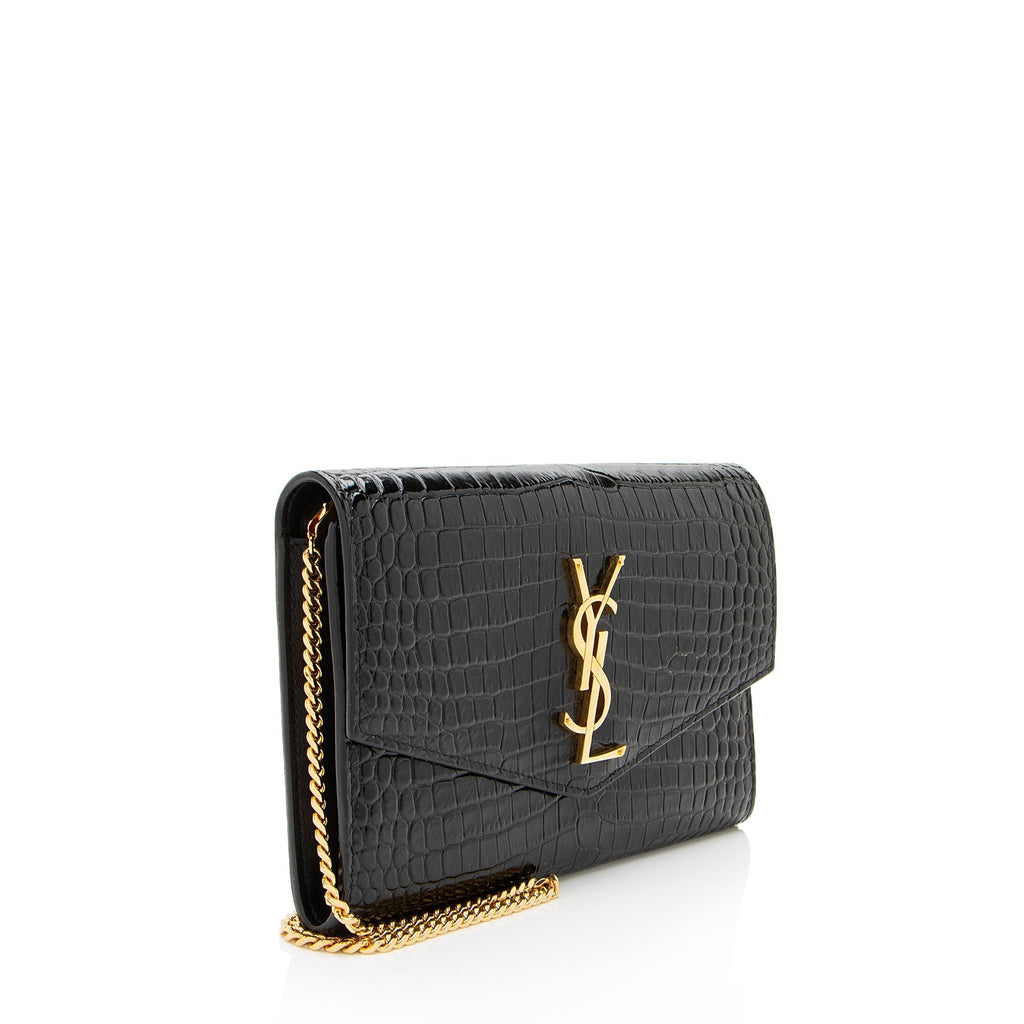 Saint Laurent Croc Embossed Leather Monogram Uptown Chain Wallet
