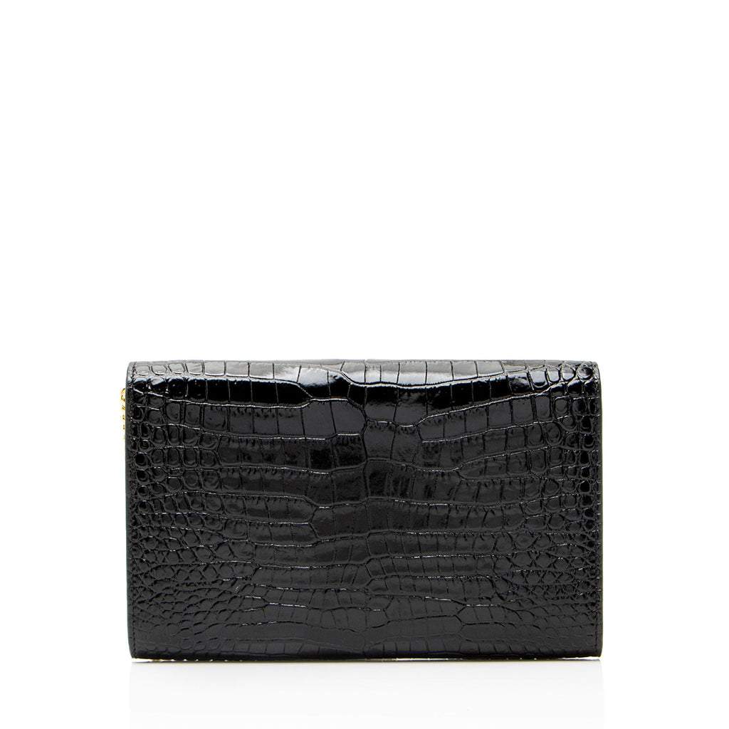 Saint Laurent Croc Embossed Leather Monogram Uptown Chain Wallet