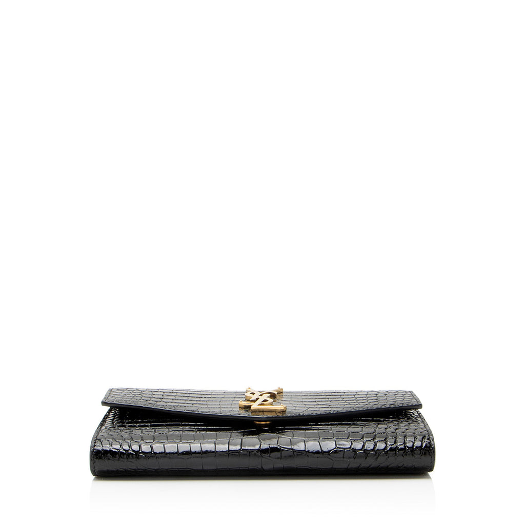 Saint Laurent Croc Embossed Leather Monogram Uptown Chain Wallet