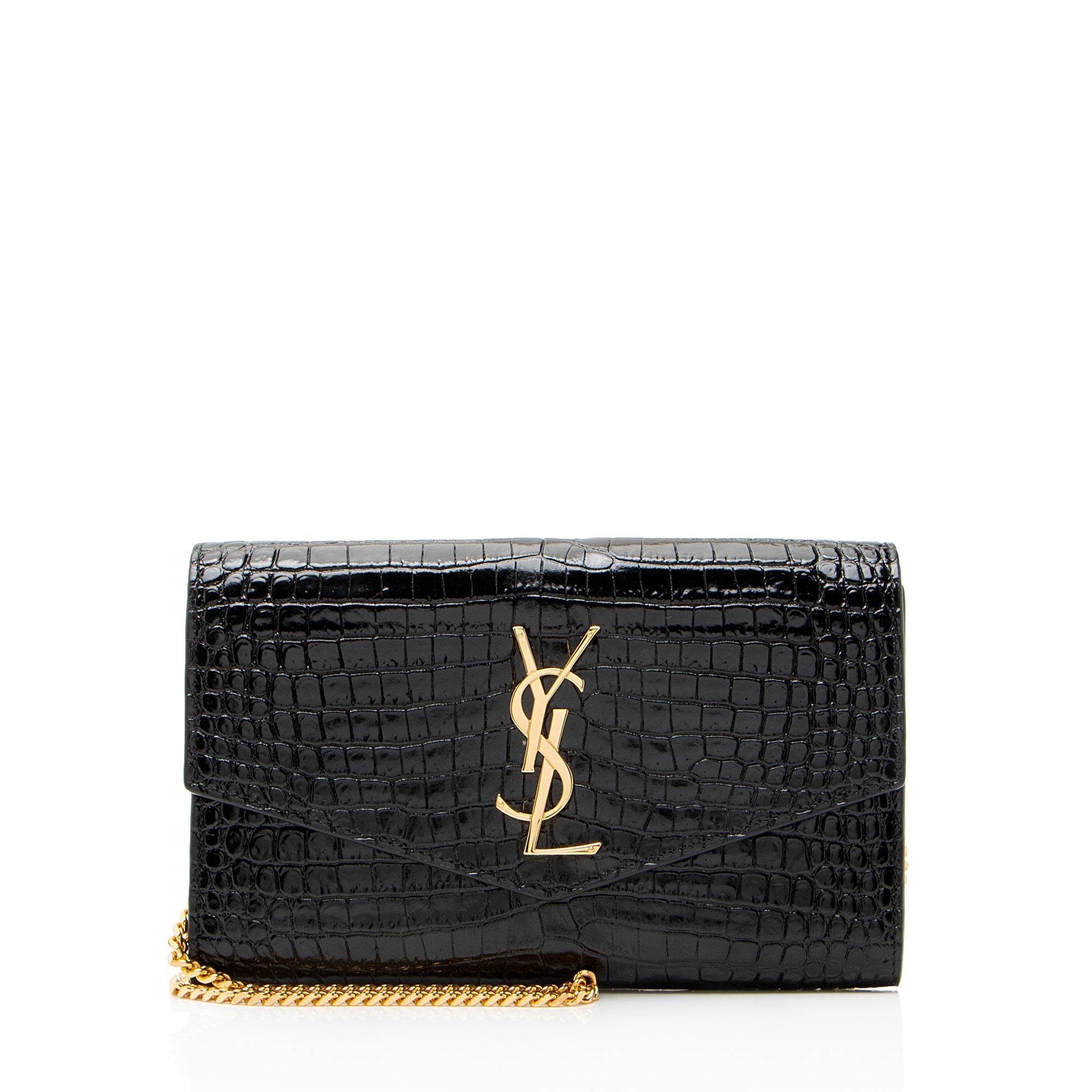 Saint Laurent Croc Embossed Leather Monogram Uptown Chain Wallet